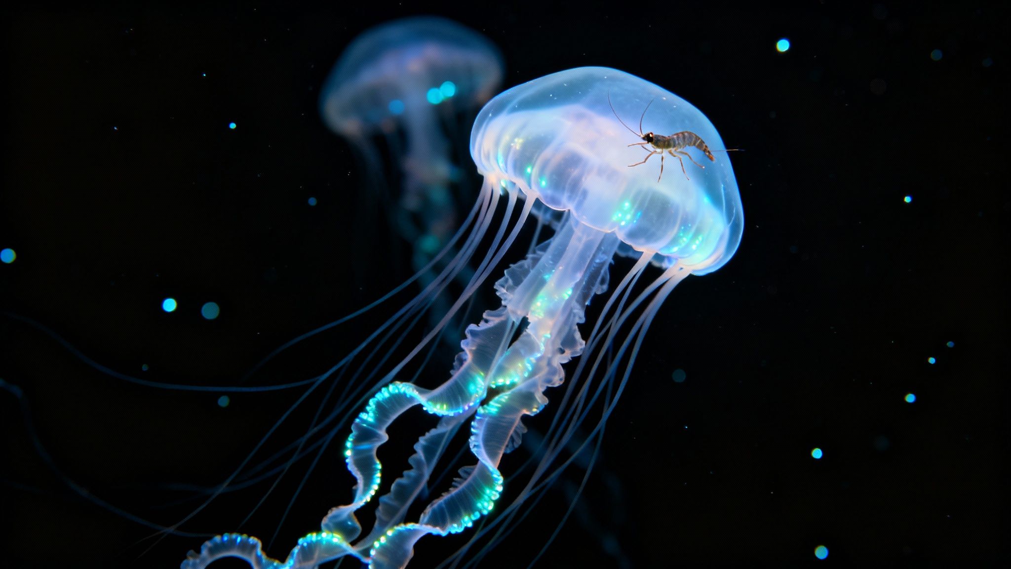 A glowing blue jellyfish with a small shrimp-like creature on its bell, against a dark ocean.