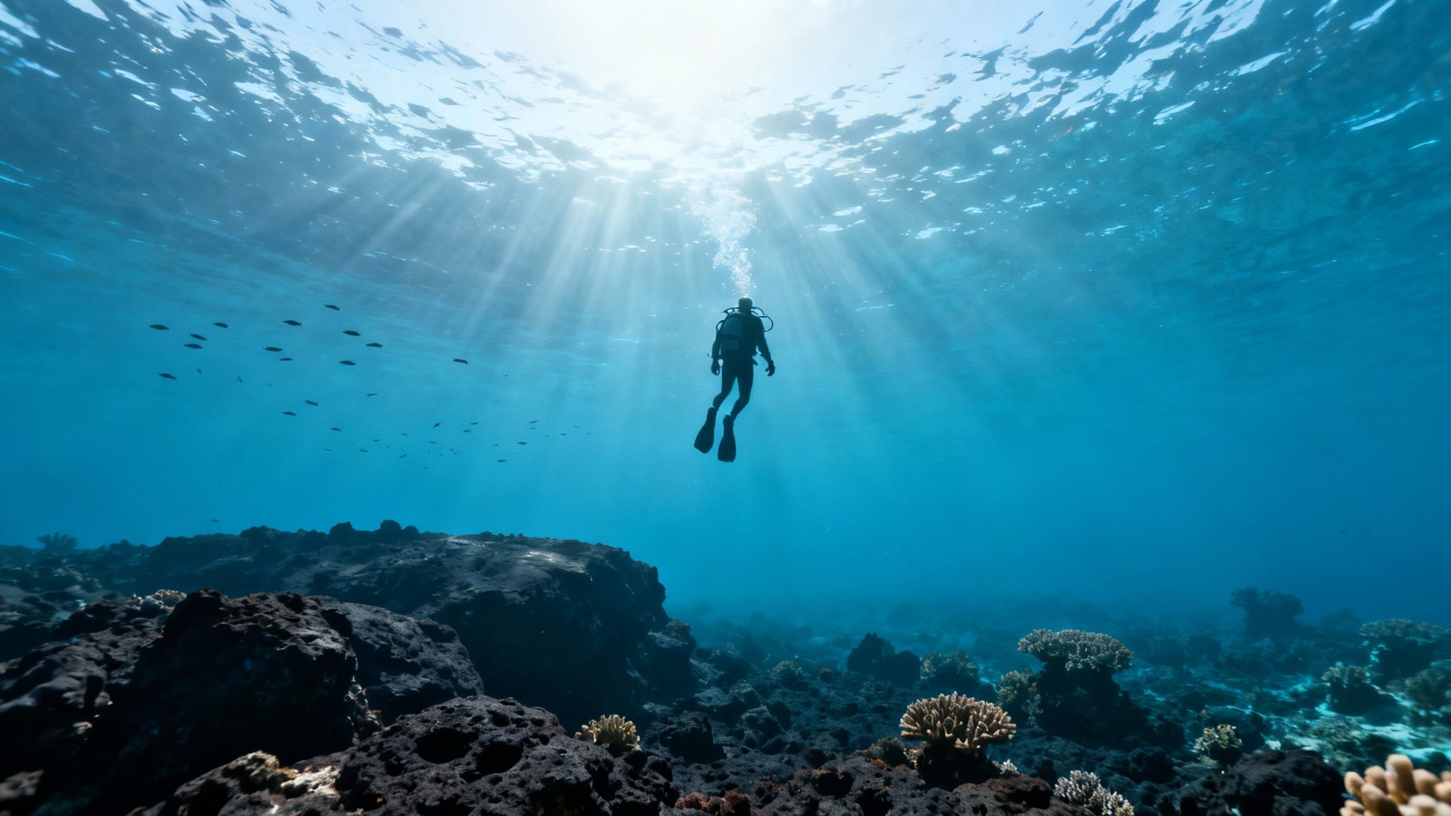 Scuba diver ascending towards sunlight over coral reef in clear blue tropical ocean water