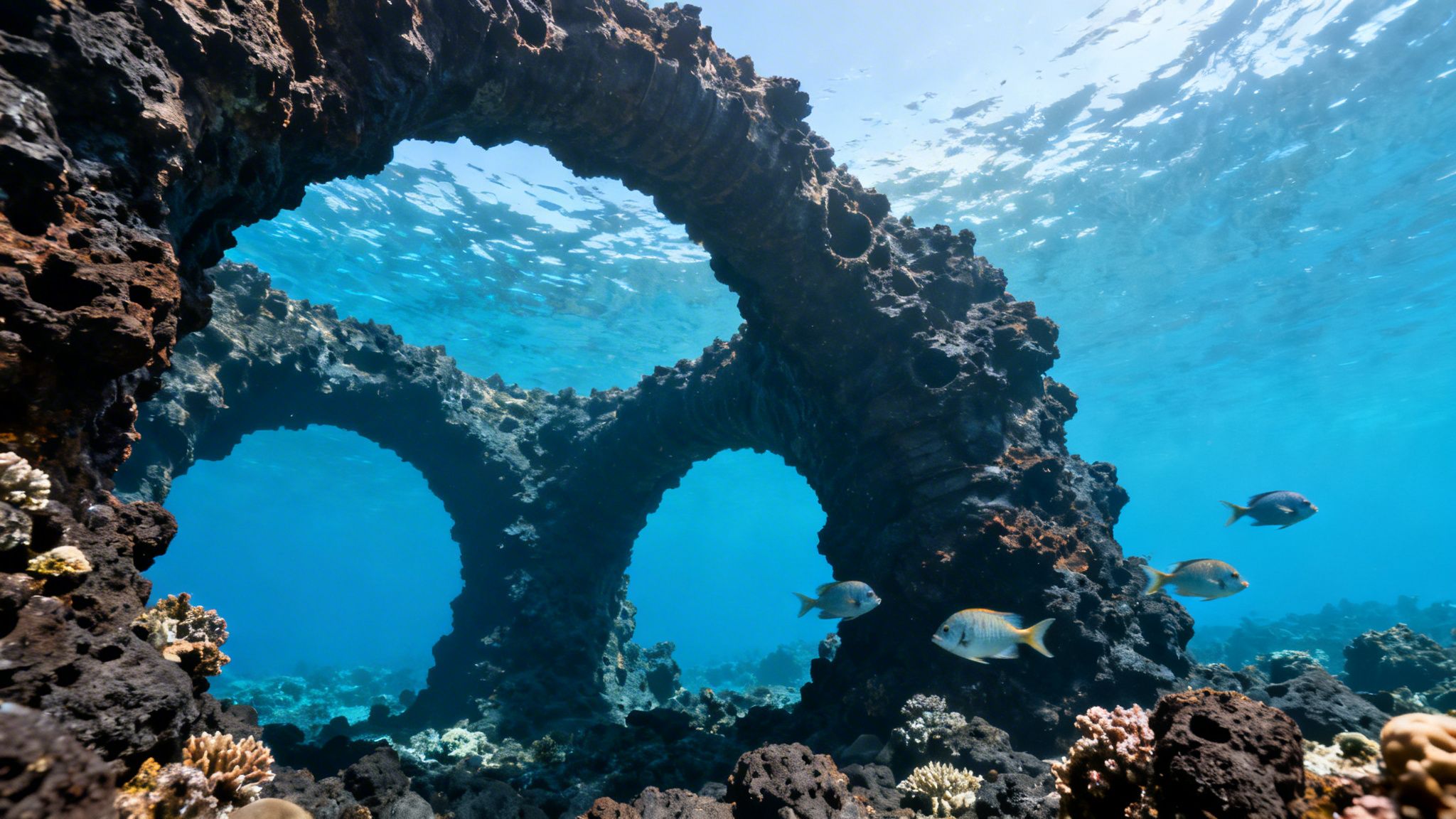 Beautiful underwater volcanic rock arches teeming with tropical fish in crystal clear blue water.