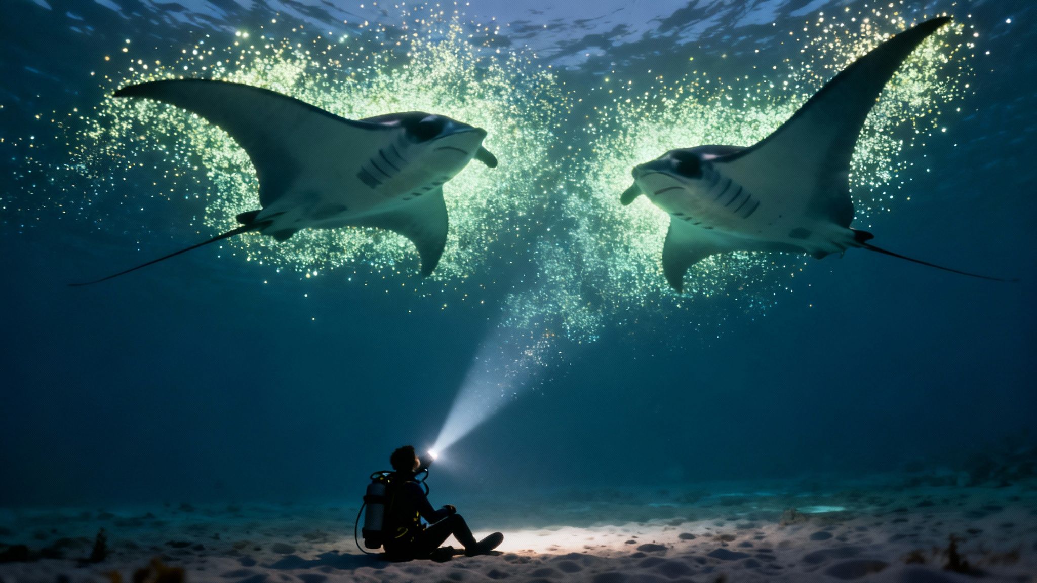 A group of scuba divers on the ocean floor watching a giant manta ray swim overhead at night.