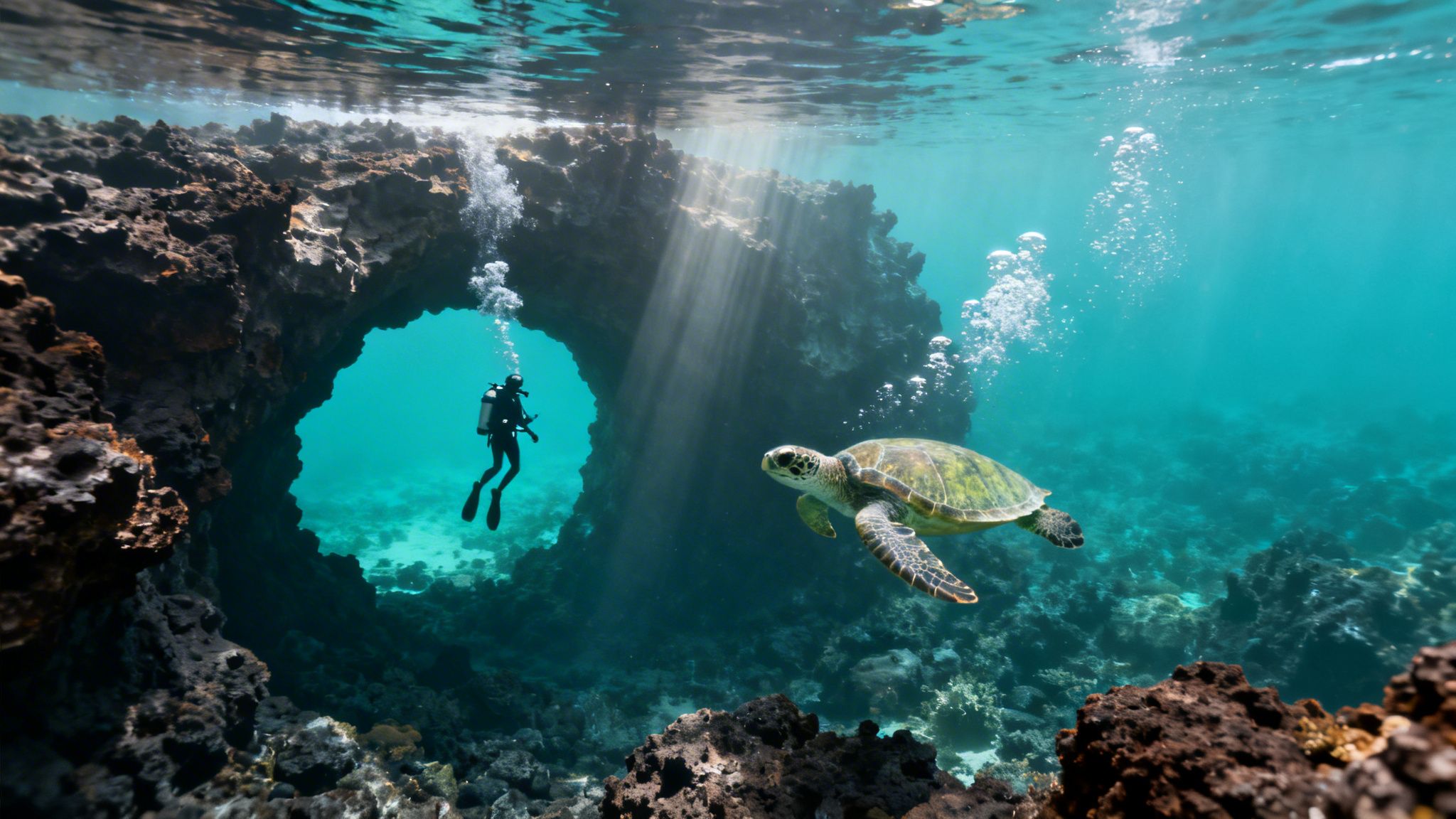 A scuba diver explores an underwater arch with a sea turtle swimming nearby in clear blue water.