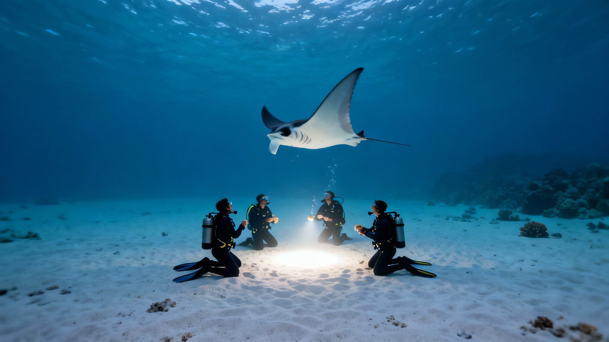 Four divers kneel on the sandy seabed, illuminating a spot as a manta ray swims overhead.
