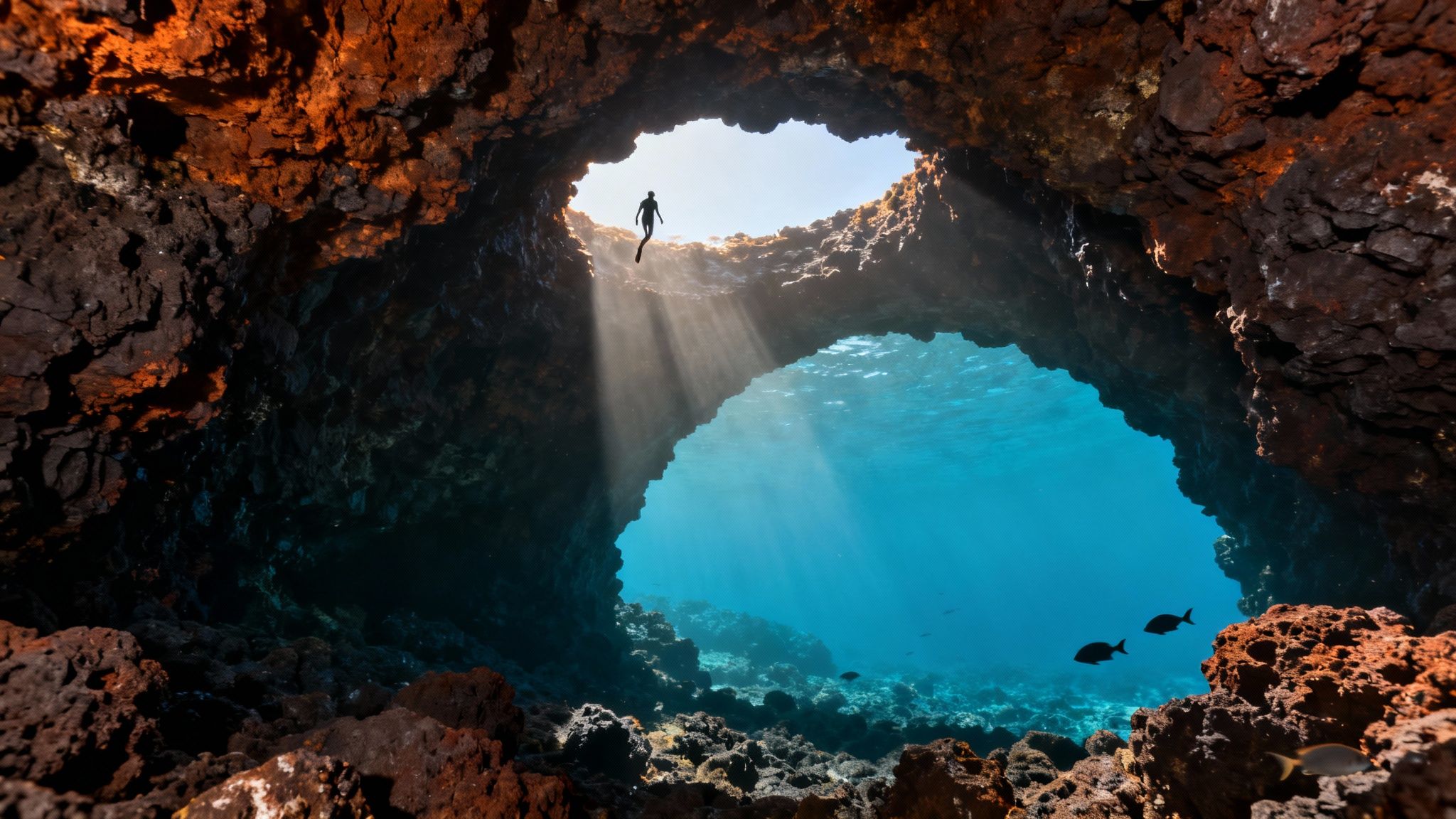 A freediver in silhouette descends into a sun-drenched underwater cave with fish.
