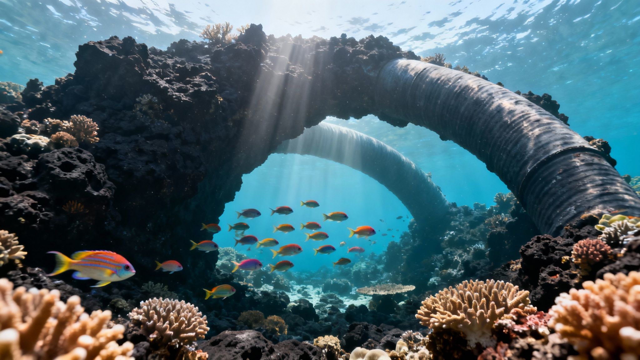Underwater view of a large pipe archway covered in coral, with colorful fish swimming and sunlight rays.