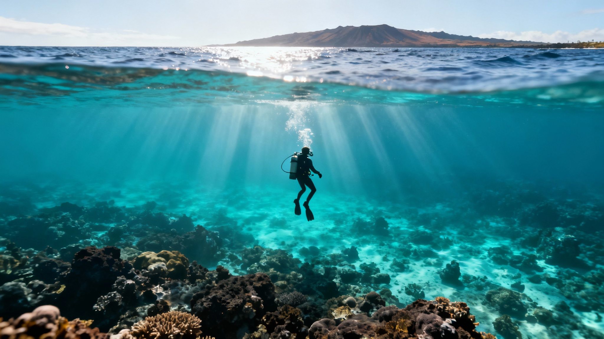 A scuba diver explores a vibrant coral reef in the clear blue waters of the Big Island, Hawaii.