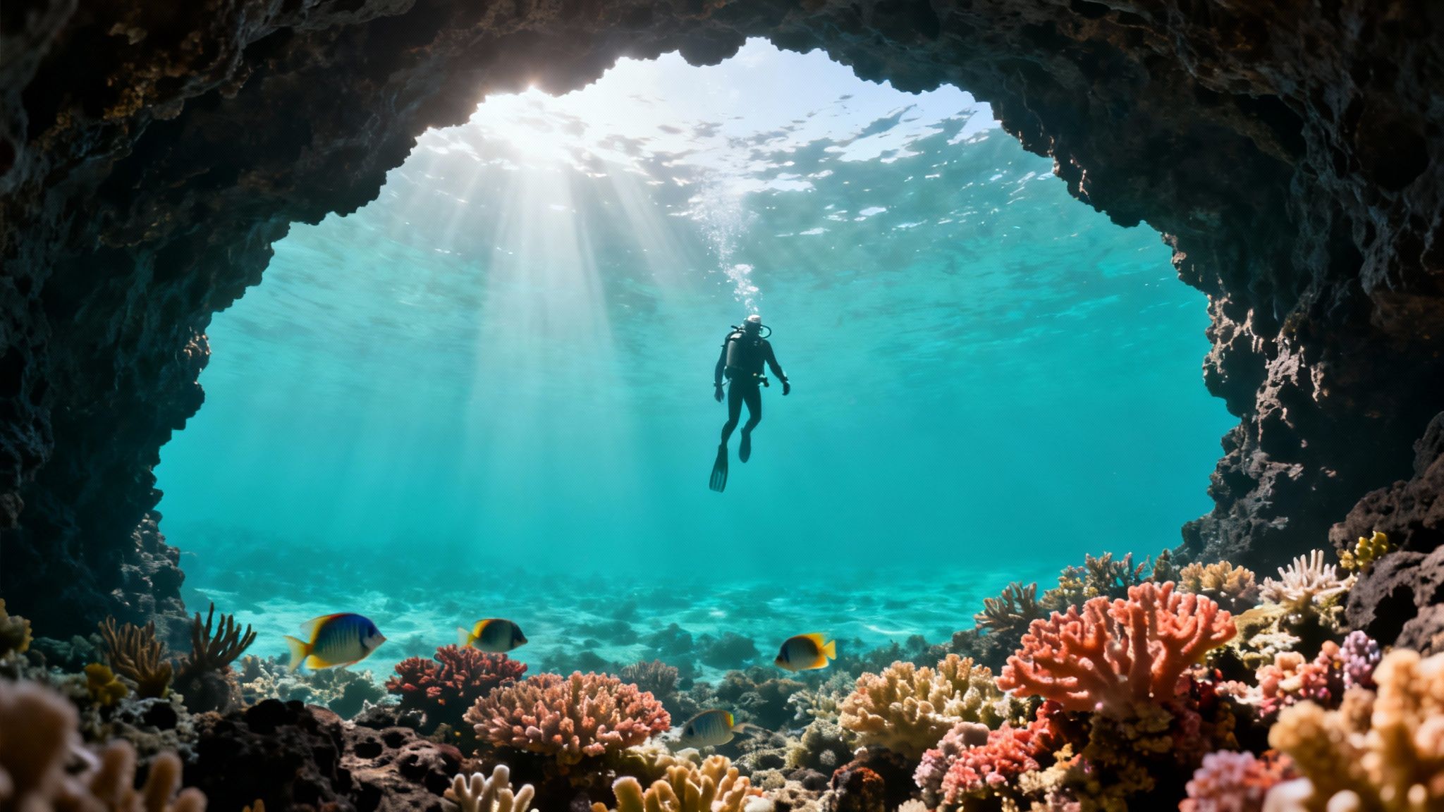 A scuba diver floats near sun rays within a vibrant underwater cave and coral reef.