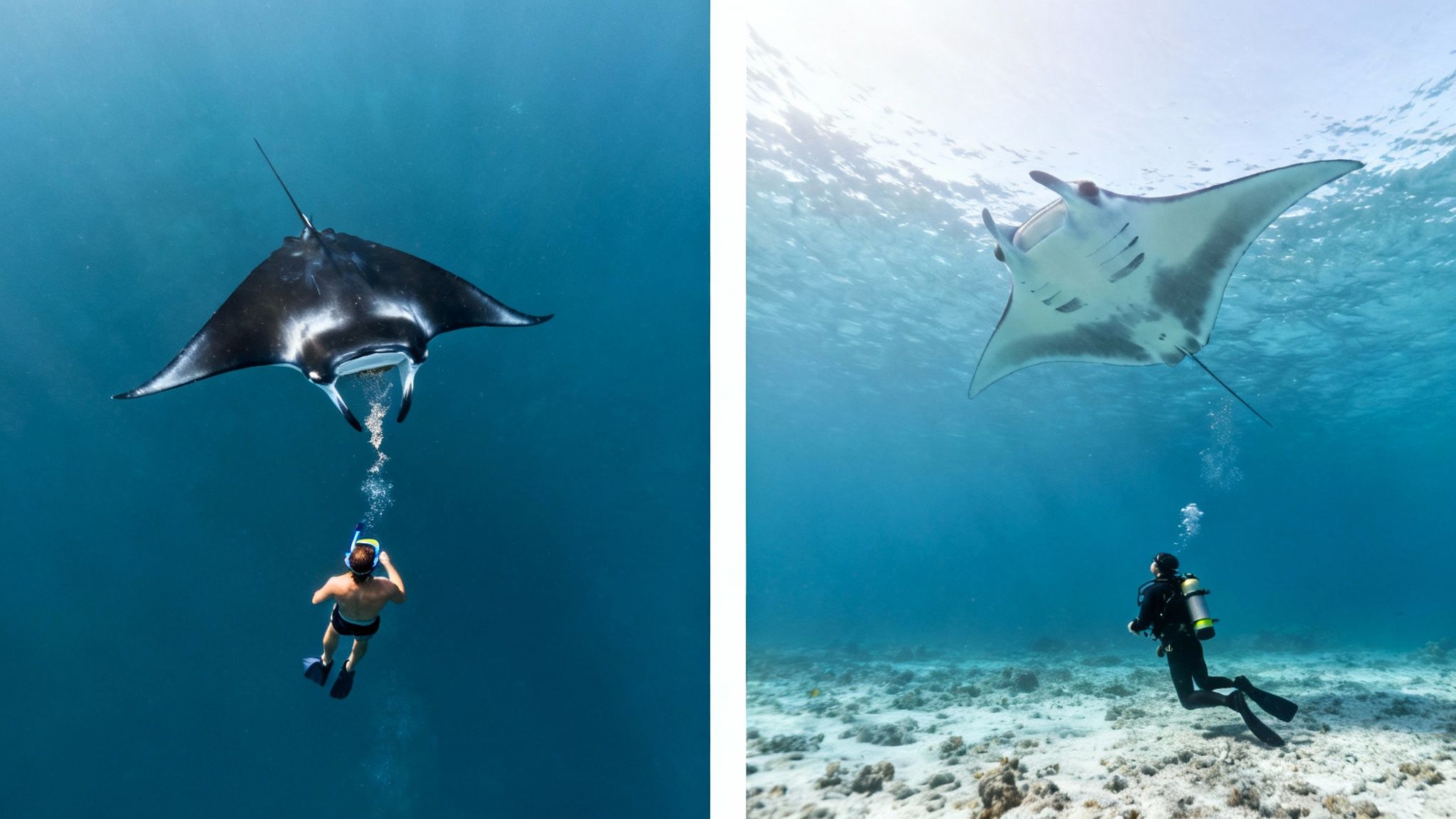 Snorkelers and divers observing a large manta ray from both the surface and the seafloor.