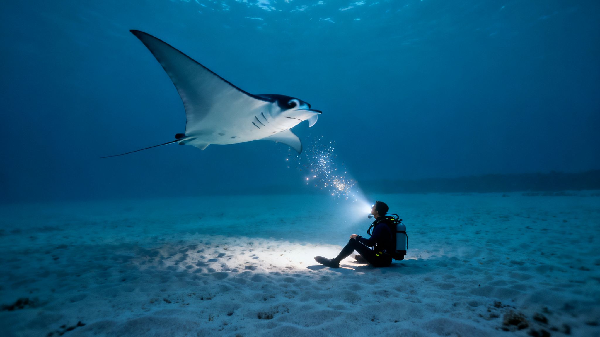 Scuba diver on sandy seabed illuminates plankton, attracting a large manta ray underwater.