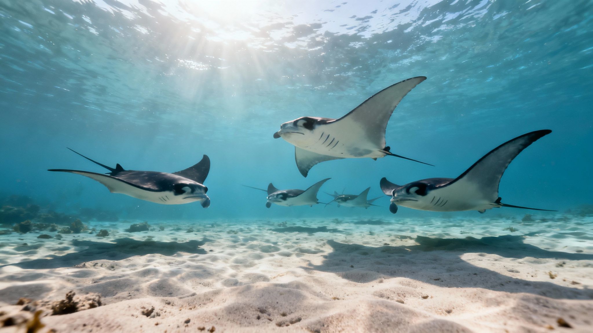 A large manta ray glides gracefully over scuba divers on the ocean floor in Kona, Hawaii.