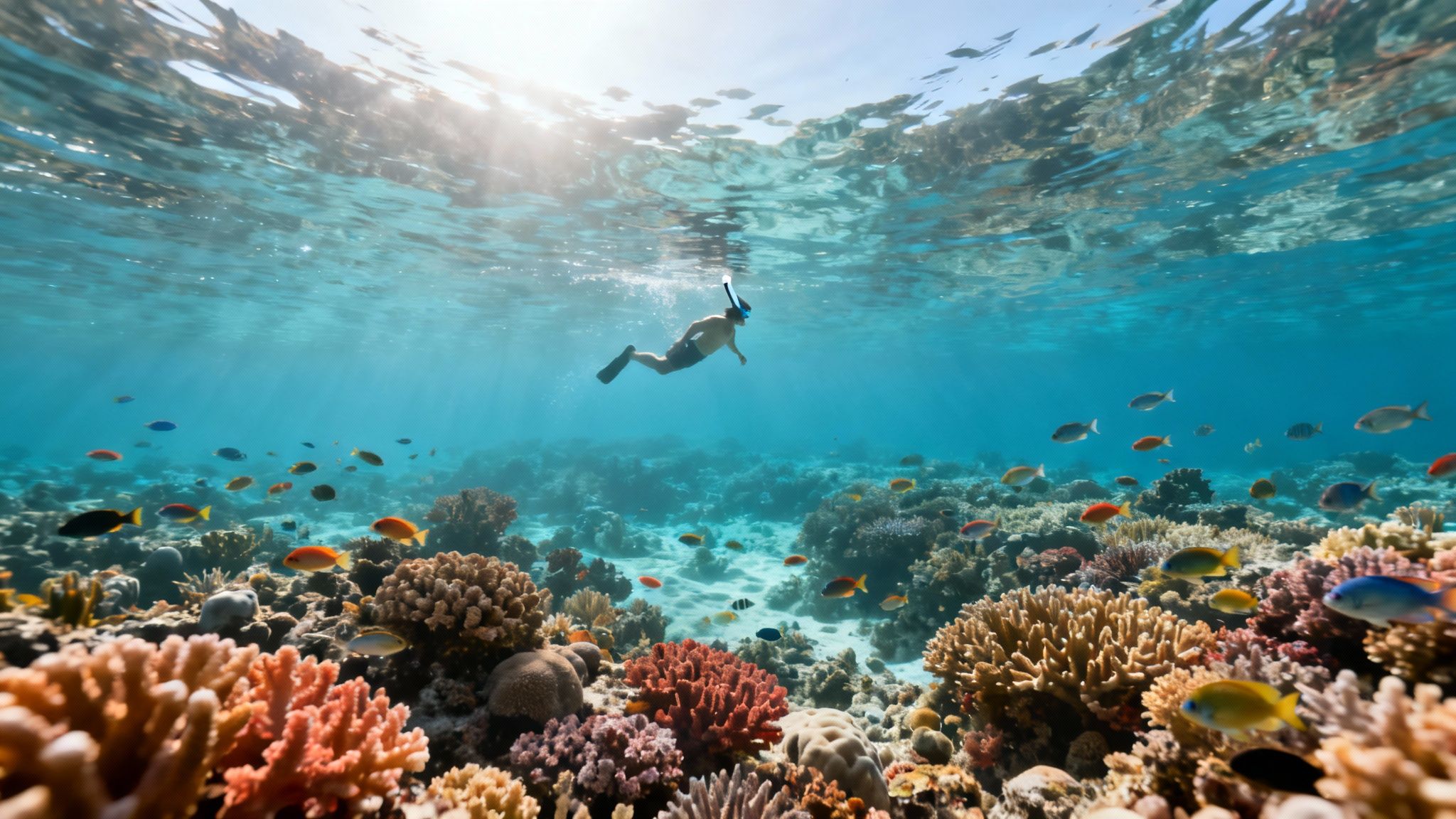 A man snorkeling above a vibrant coral reef with many colorful tropical fish.