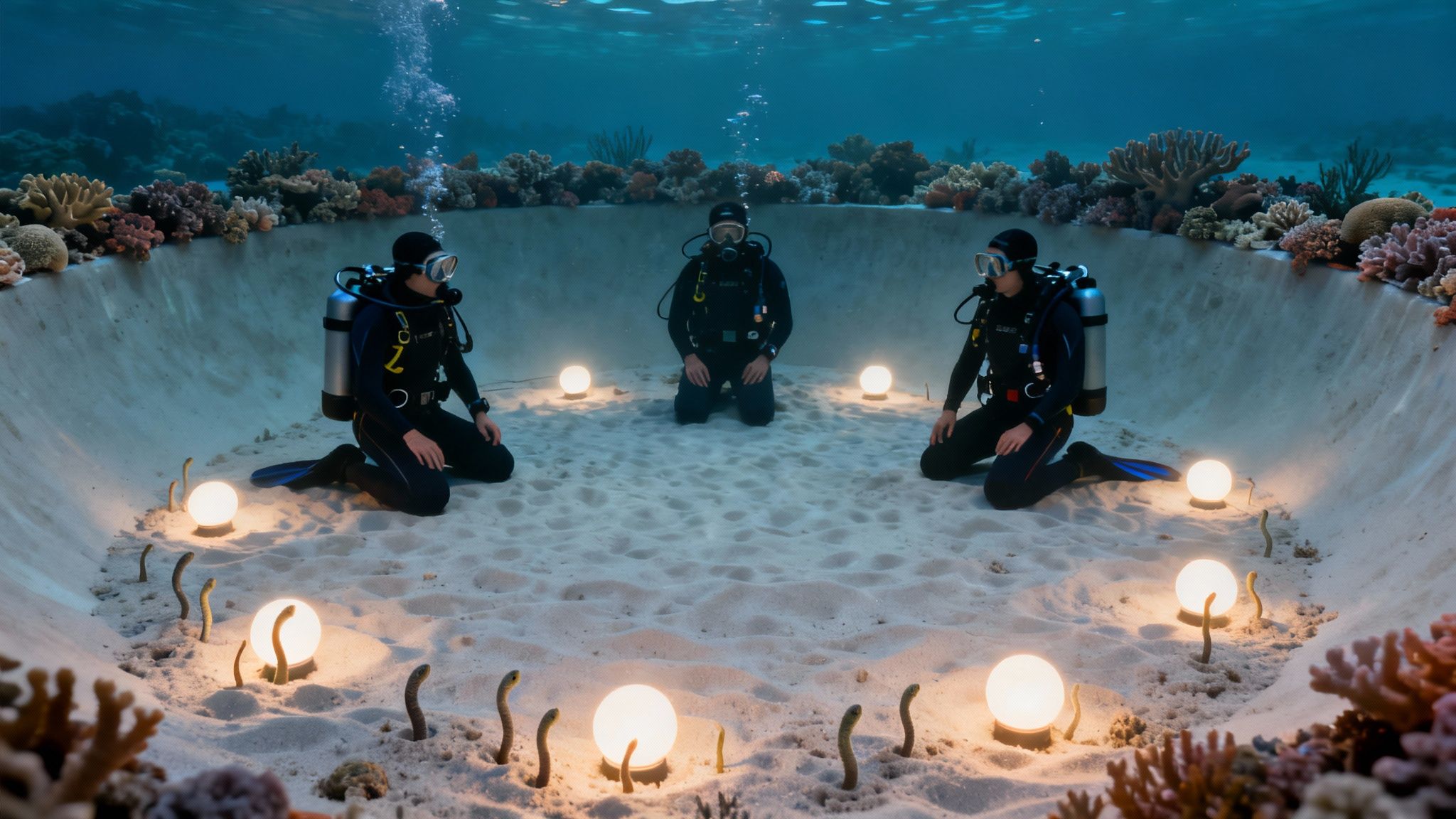 Three scuba divers kneel underwater in a sandy trench surrounded by glowing lights and garden eels.