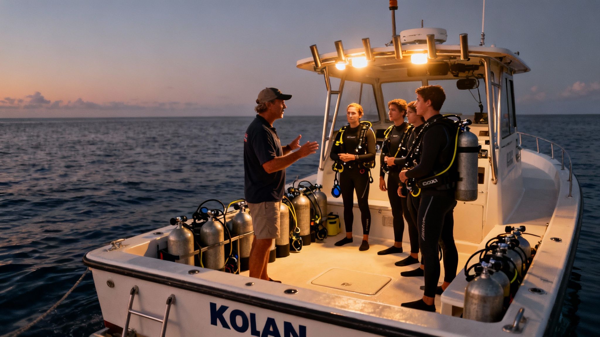 A scuba diver kneels on the sandy ocean floor, looking up as a giant manta ray glides gracefully through the water above.
