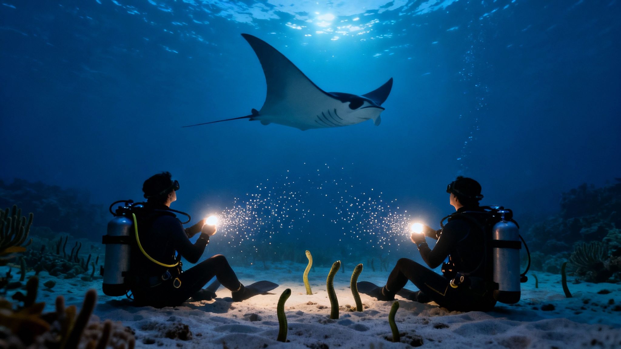 Two scuba divers illuminate garden eels and a majestic manta ray on the ocean floor.