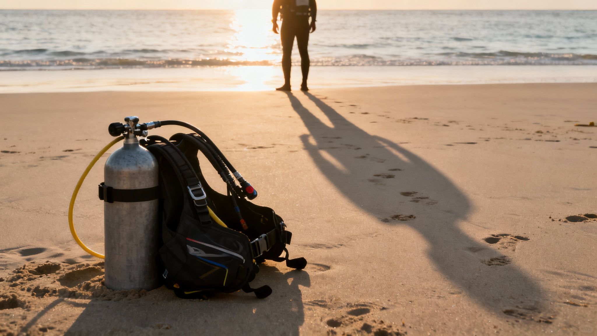 A scuba diver kneeling on the sandy ocean floor, adjusting their equipment.