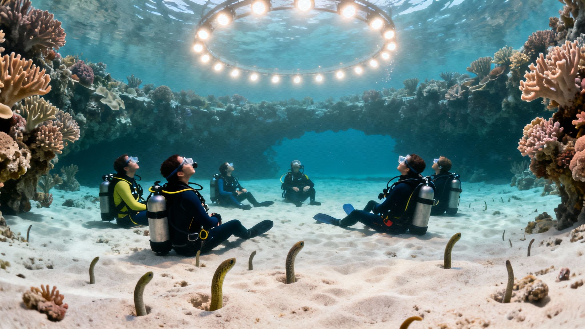 Scuba divers sit on a sandy seafloor, looking up at a circular light array underwater among corals.