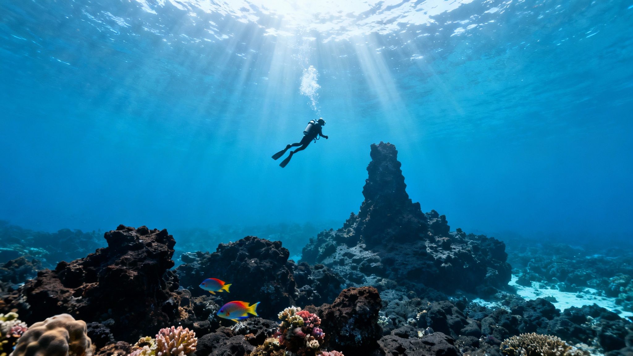 A scuba diver ascends towards sunrays in clear blue water above a vibrant coral reef.