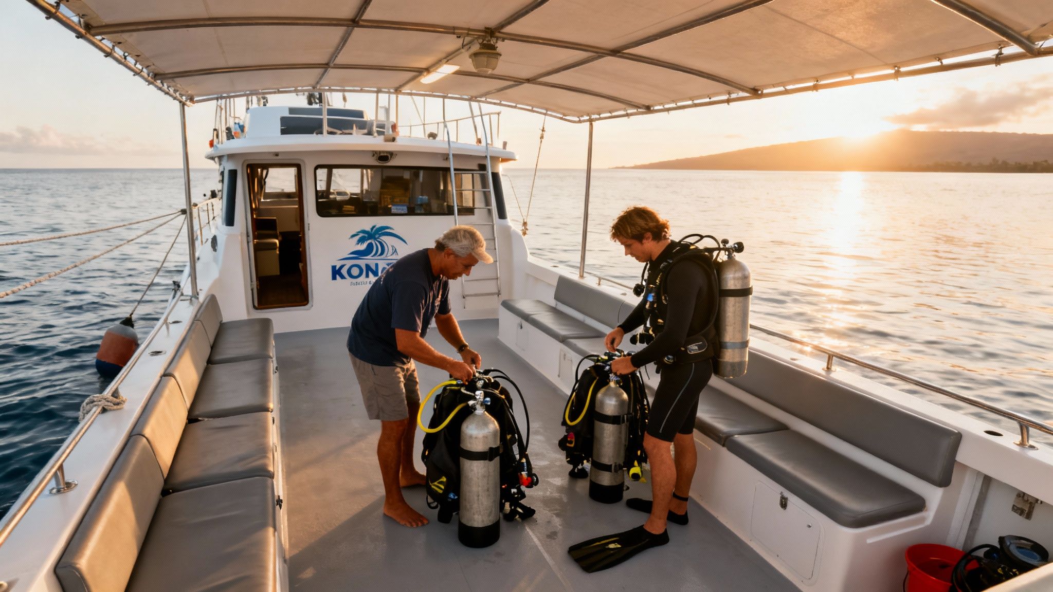 Two men on a boat deck preparing scuba diving gear at sunset in Kona, Hawaii.