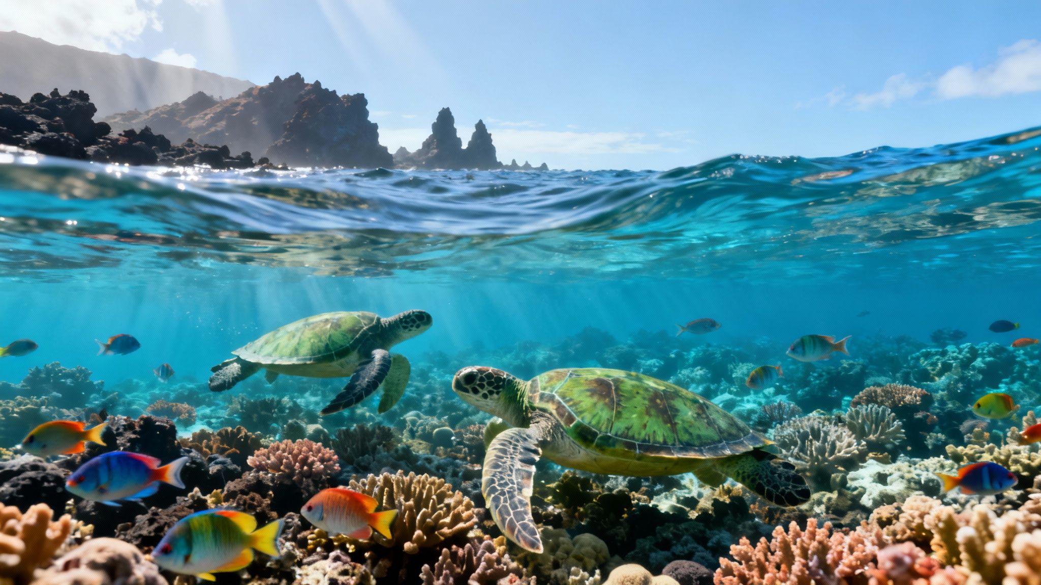 A scuba diver swims over a vibrant coral reef in clear blue water.