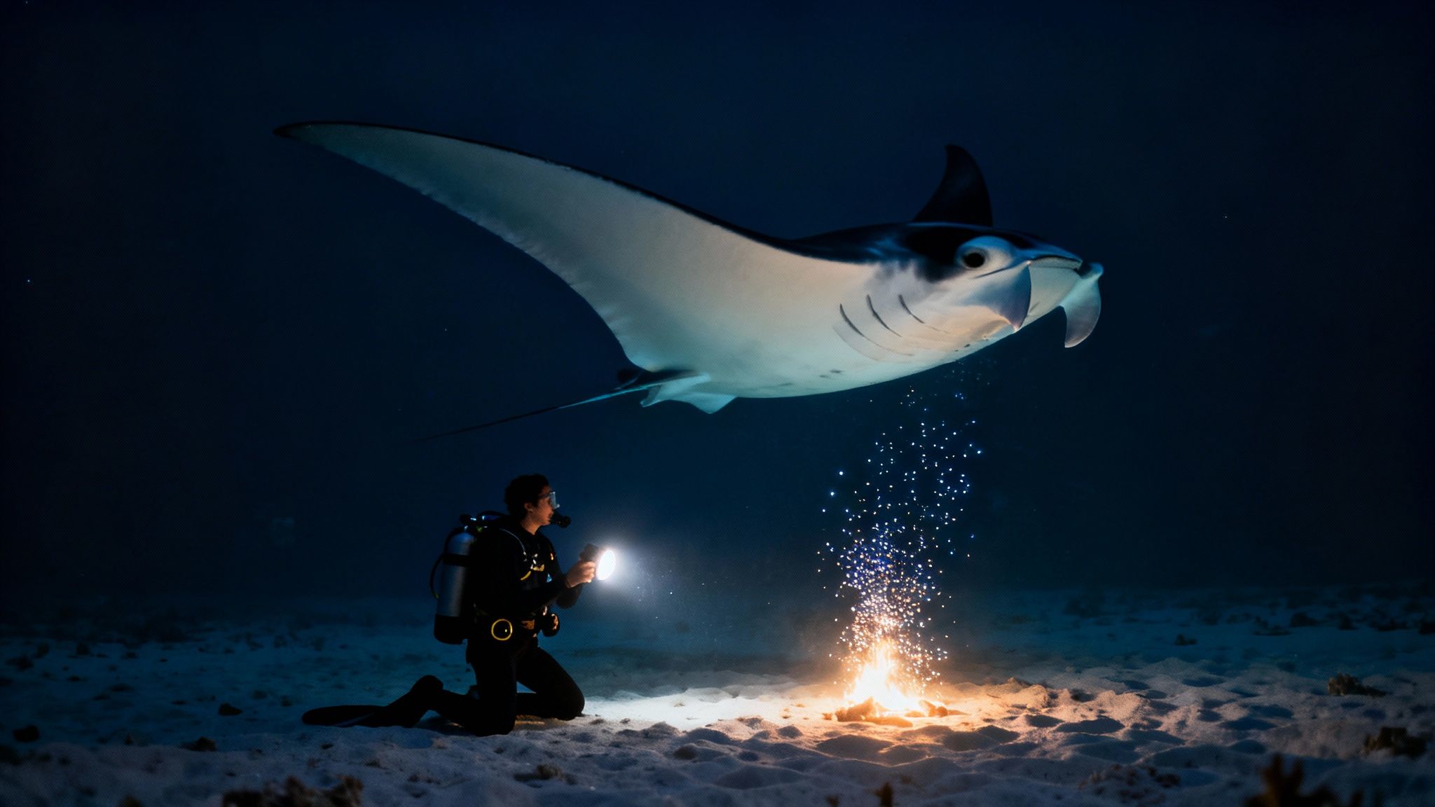 Scuba diver on ocean floor with a flashlight, attracting a giant manta ray at night.