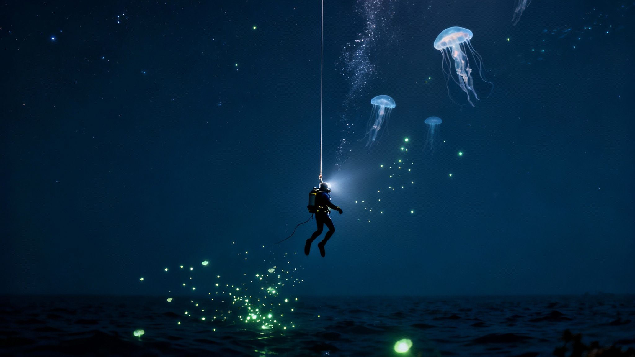 Scuba diver descends into a dark, starlit ocean surrounded by glowing jellyfish and bioluminescence.
