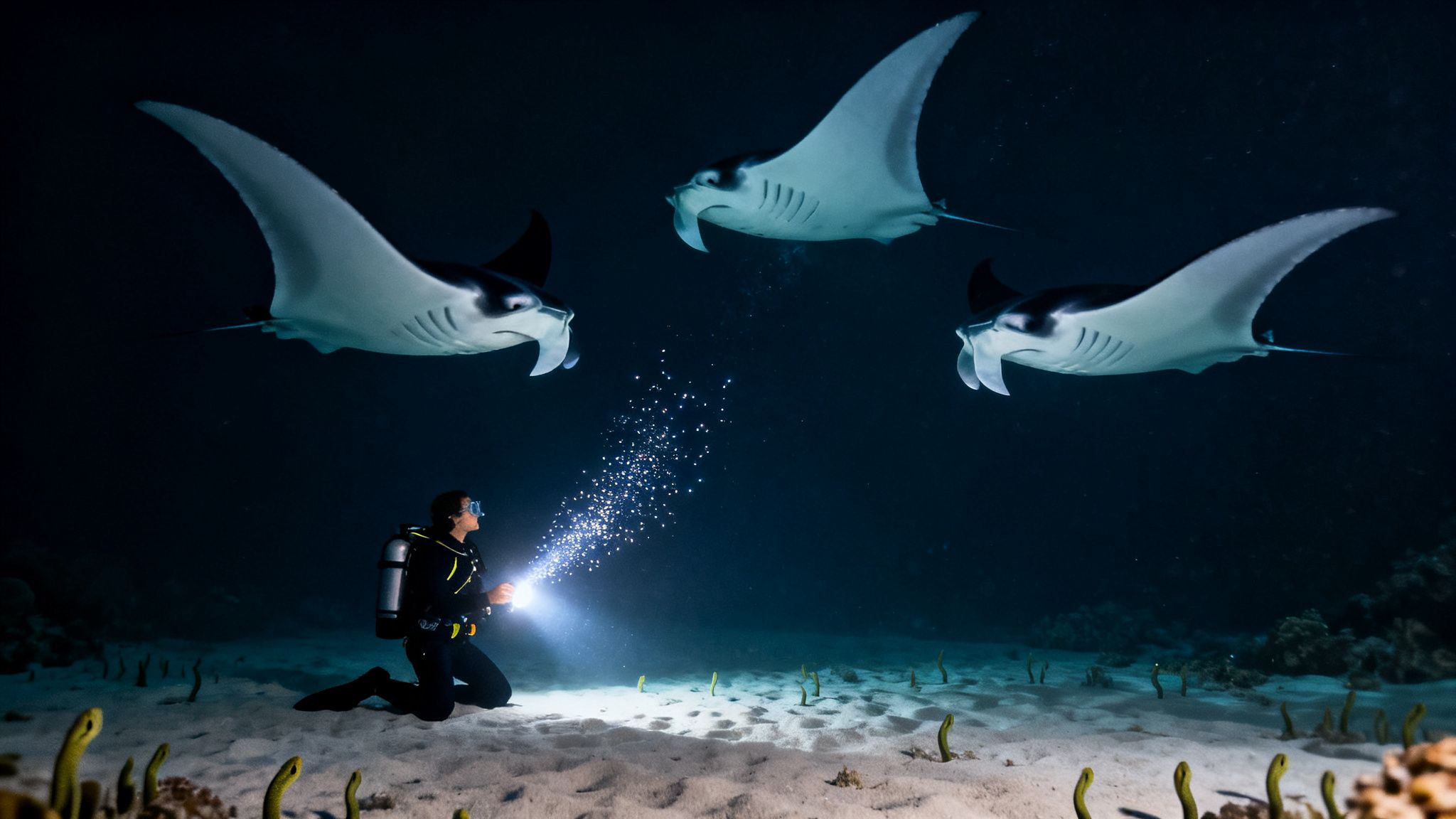 A diver shines a light attracting three majestic manta rays at night, with garden eels on the sandy ocean floor.