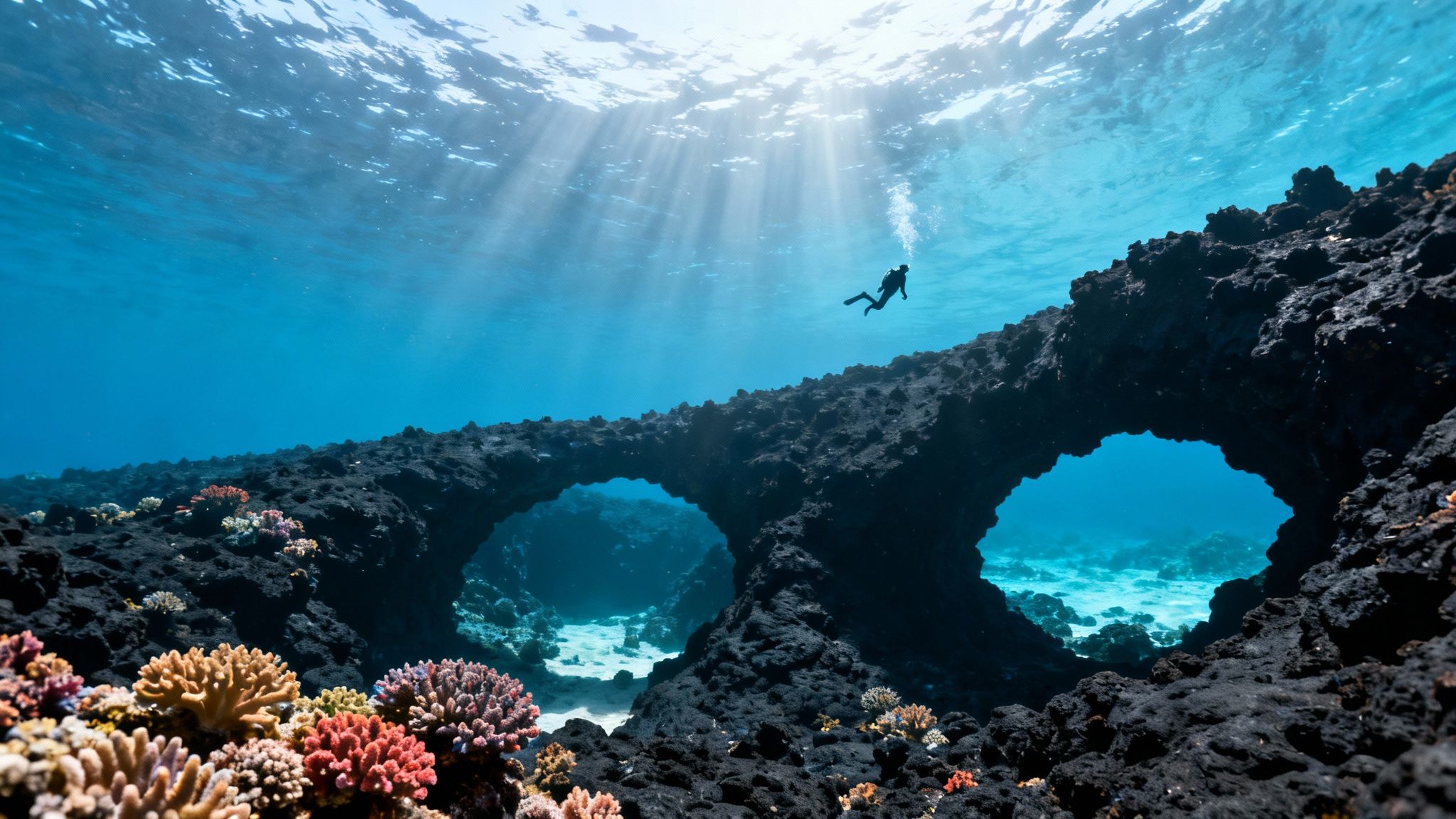Underwater scene with a scuba diver swimming above dark volcanic arches and colorful coral reefs.
