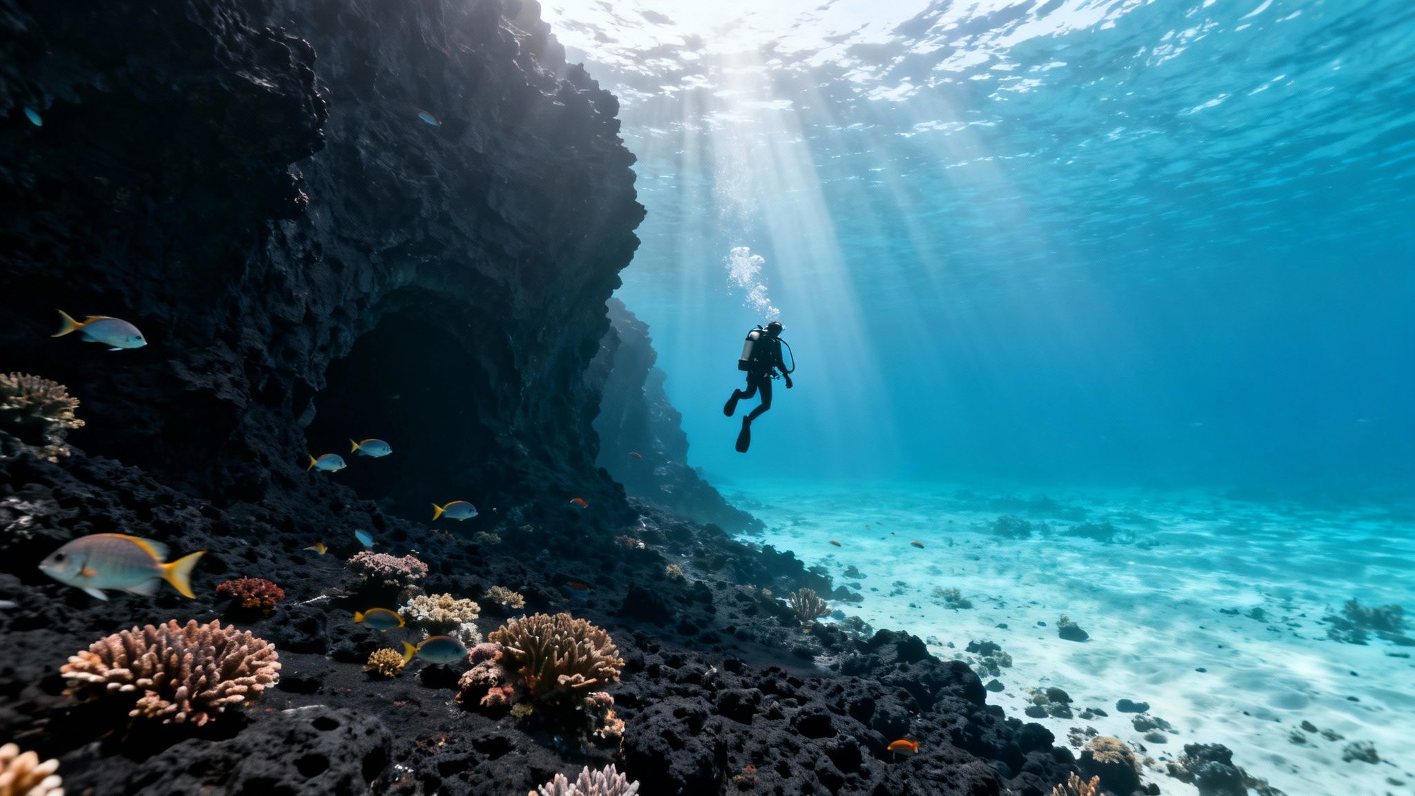 A scuba diver explores a vibrant coral reef near a dark underwater cave with sunbeams.