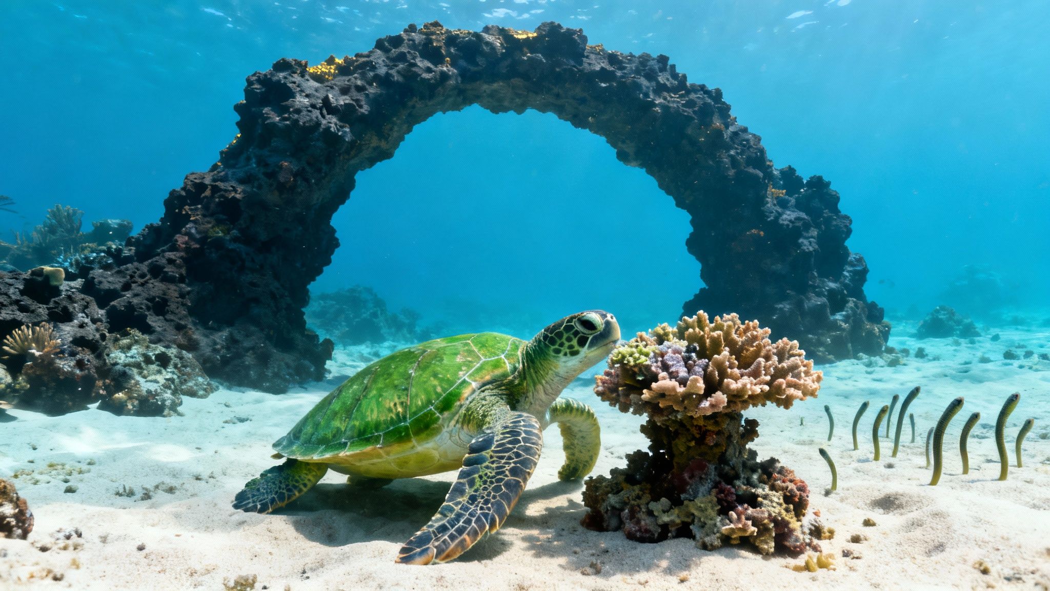 A green sea turtle explores the sandy ocean floor near a large rock arch and garden eels.