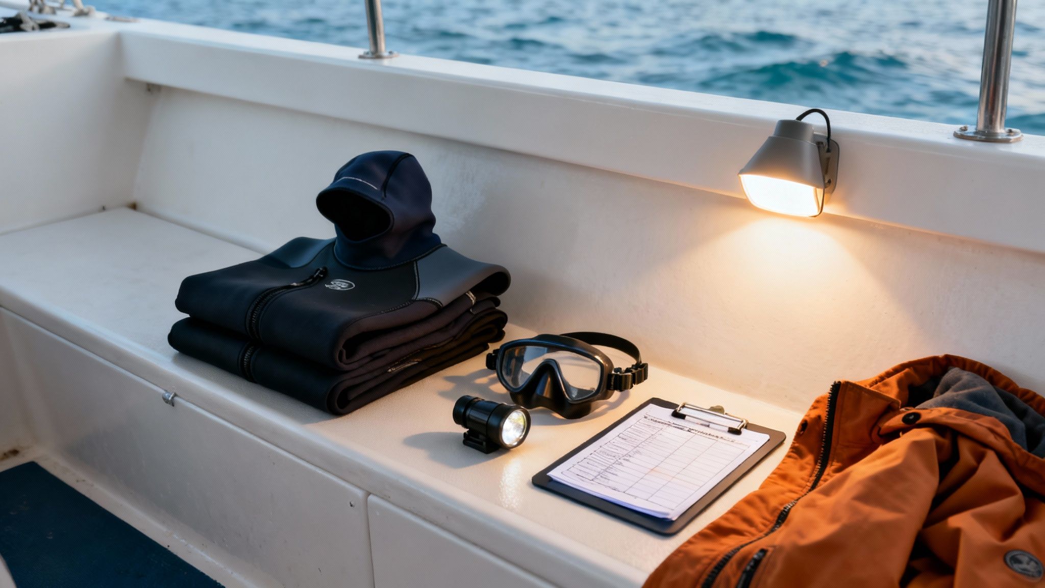 A group of scuba divers underwater at night, using lights to attract manta rays in Kona.