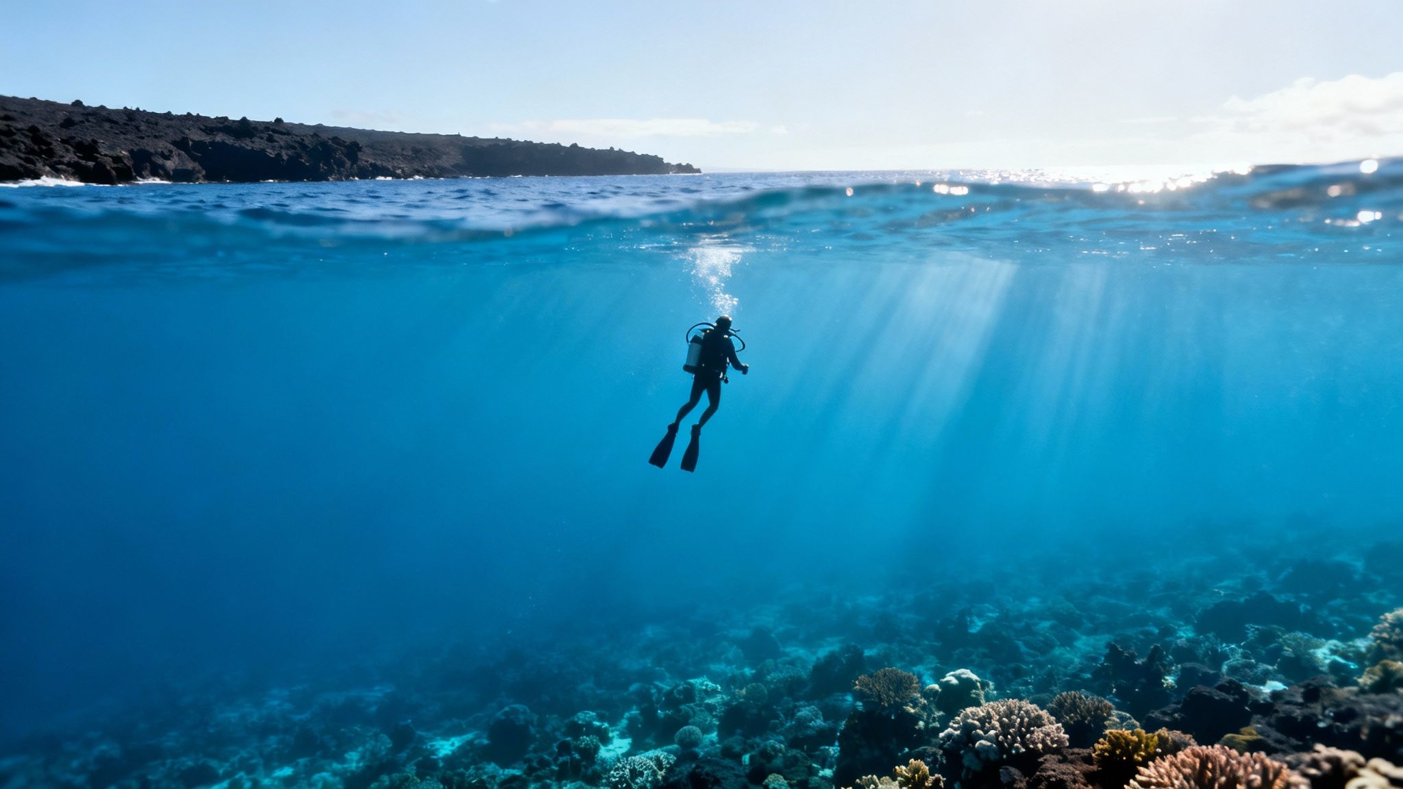 Above and below water view of a scuba diver exploring a coral reef near a dark volcanic island.