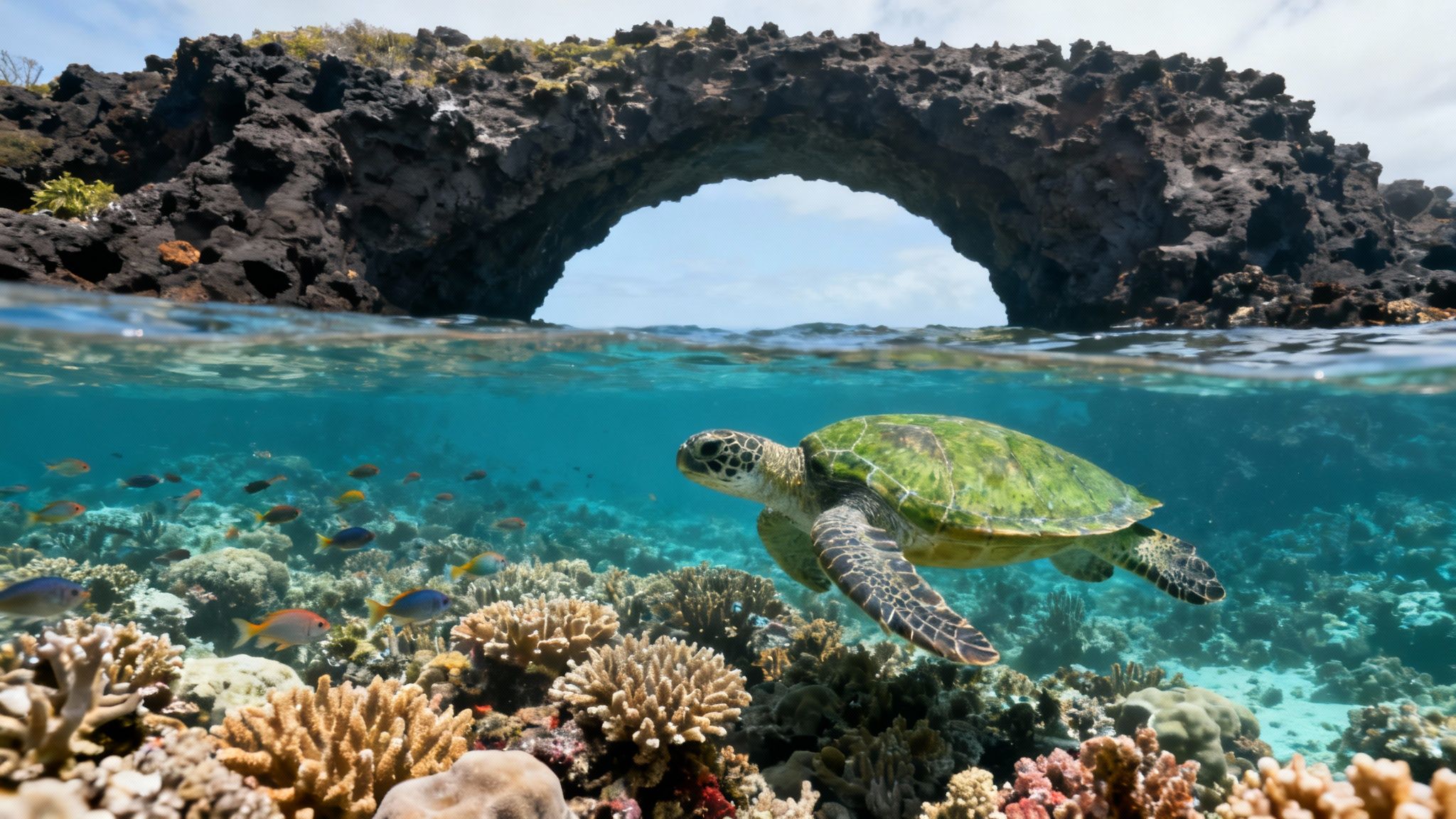 A vibrant split-level view of a green sea turtle swimming over coral reef beneath a natural rock arch.
