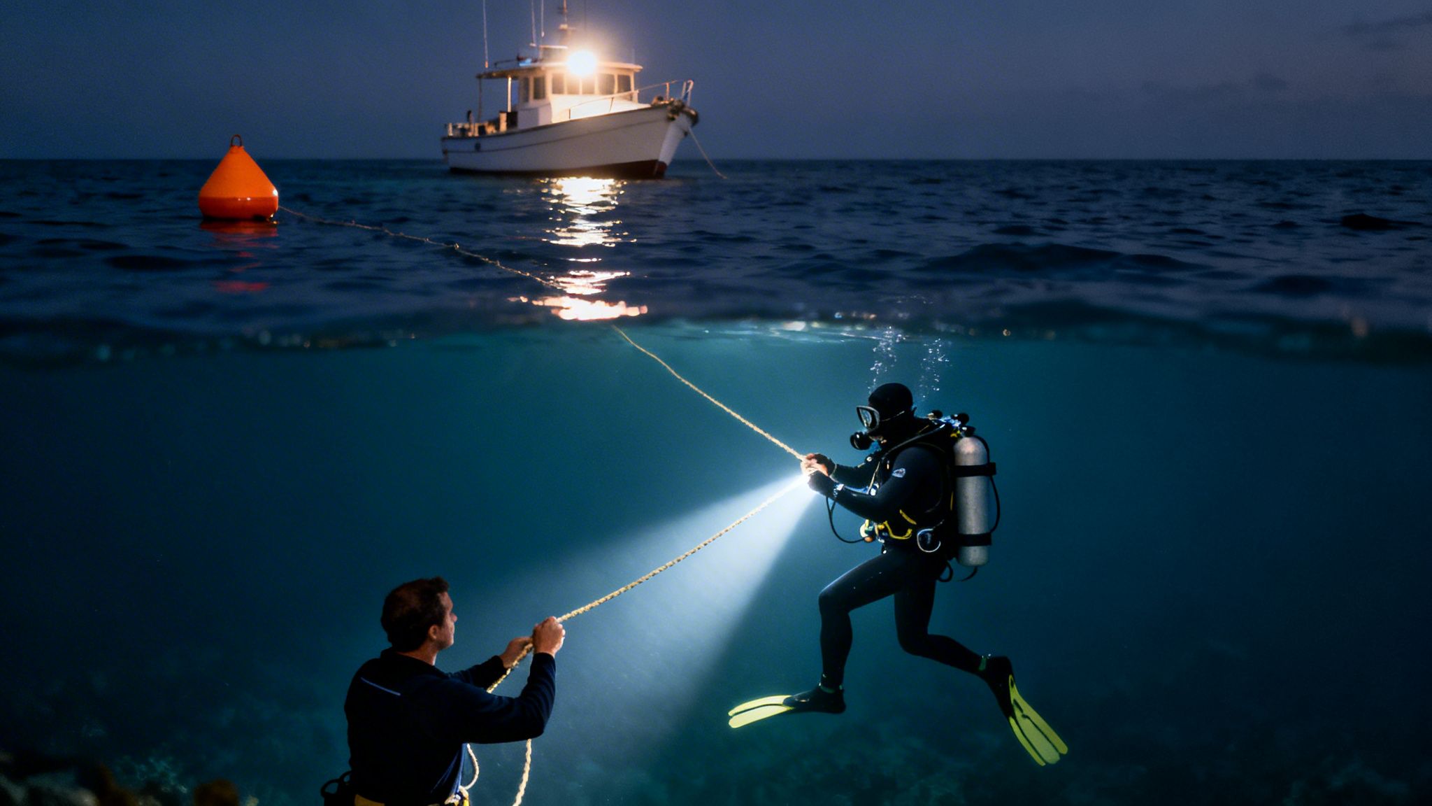 Night split view: diver with bright light and rope underwater, connected to a person and boat.