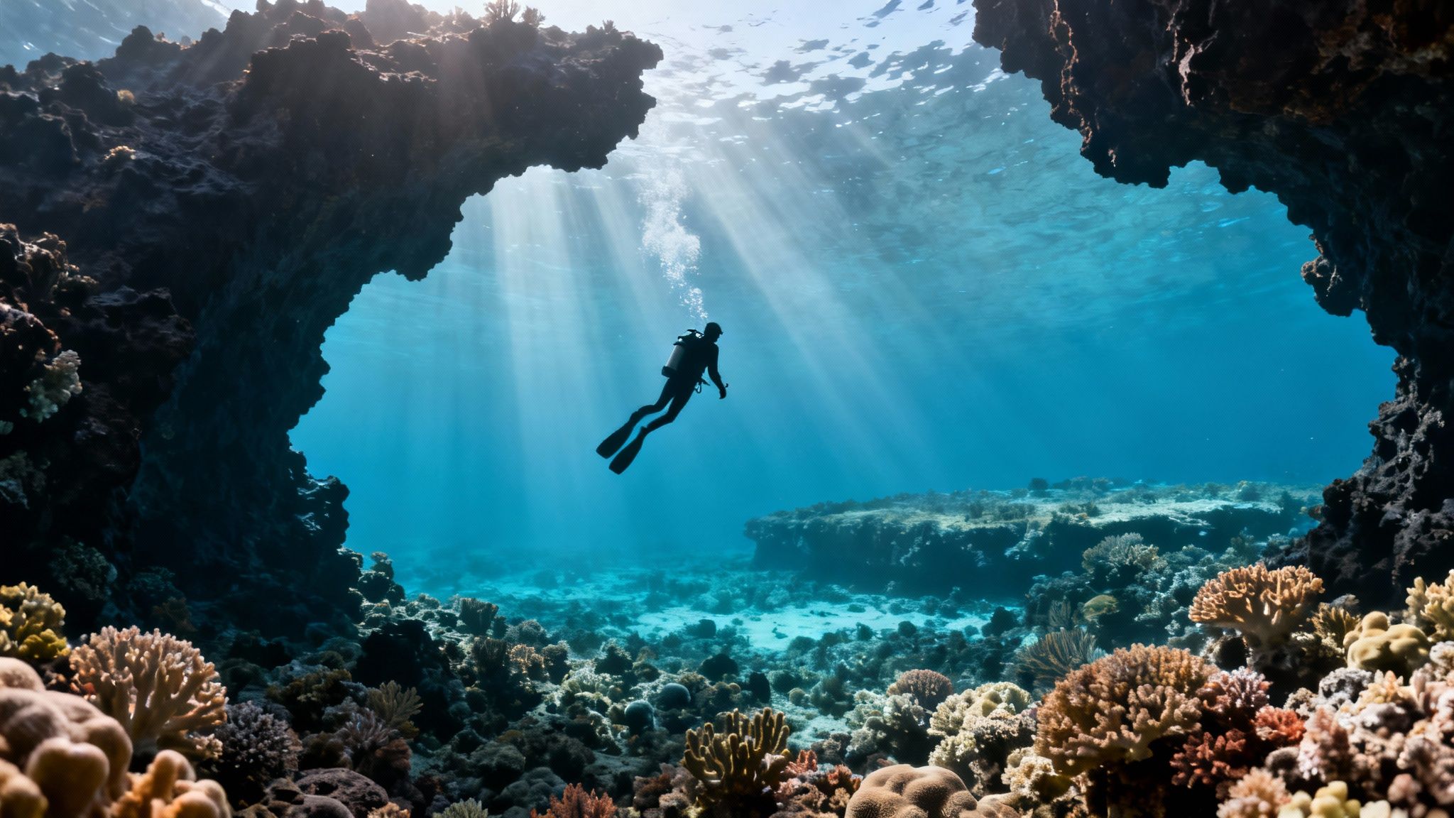 A scuba diver explores an underwater cave, illuminated by sun rays, surrounded by colorful coral.