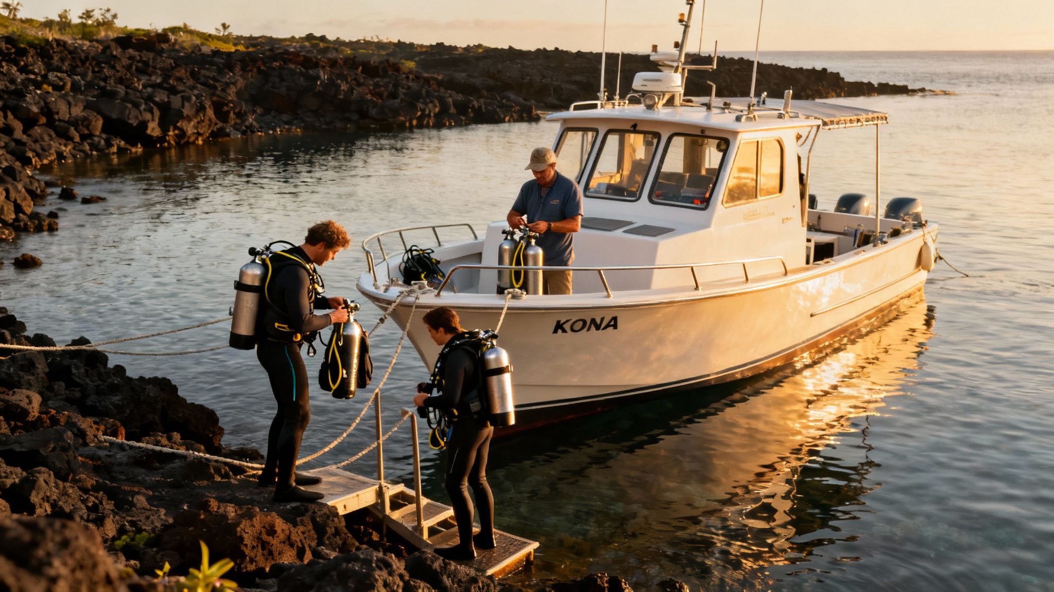 Divers on a rocky shore preparing scuba gear next to a boat called KONA at golden hour.