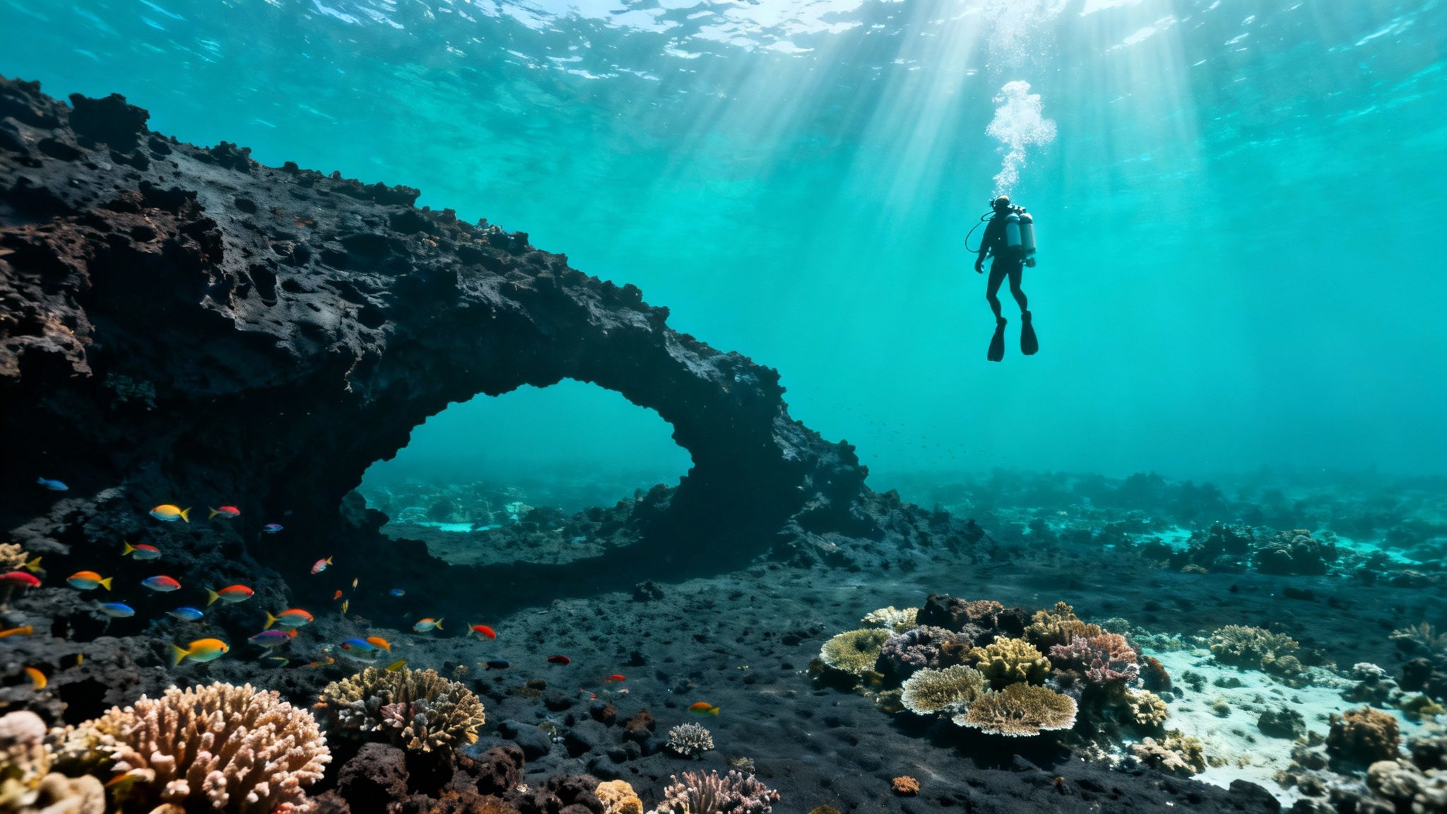 A scuba diver explores a vibrant coral reef with clear blue water surrounding them.