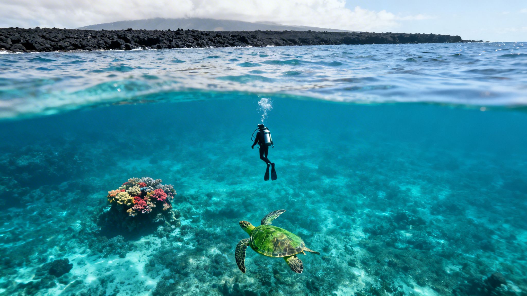 Split-level view of a scuba diver, sea turtle, and colorful coral underwater, with volcanic coastline above.