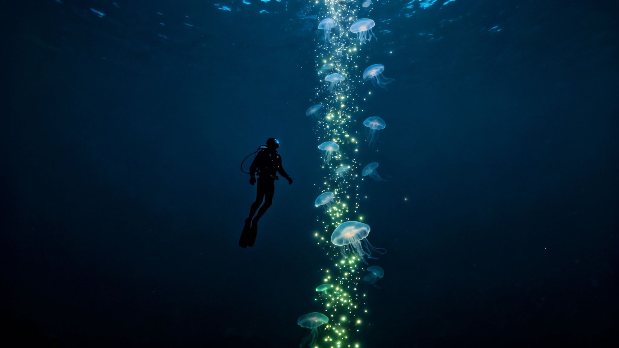 A scuba diver explores the deep blue ocean, surrounded by glowing jellyfish and a trail of light.