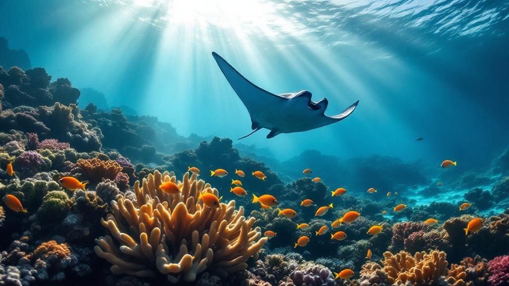 A scuba diver illuminates giant manta rays with a dive light during a dive light during a night dive in Kona.