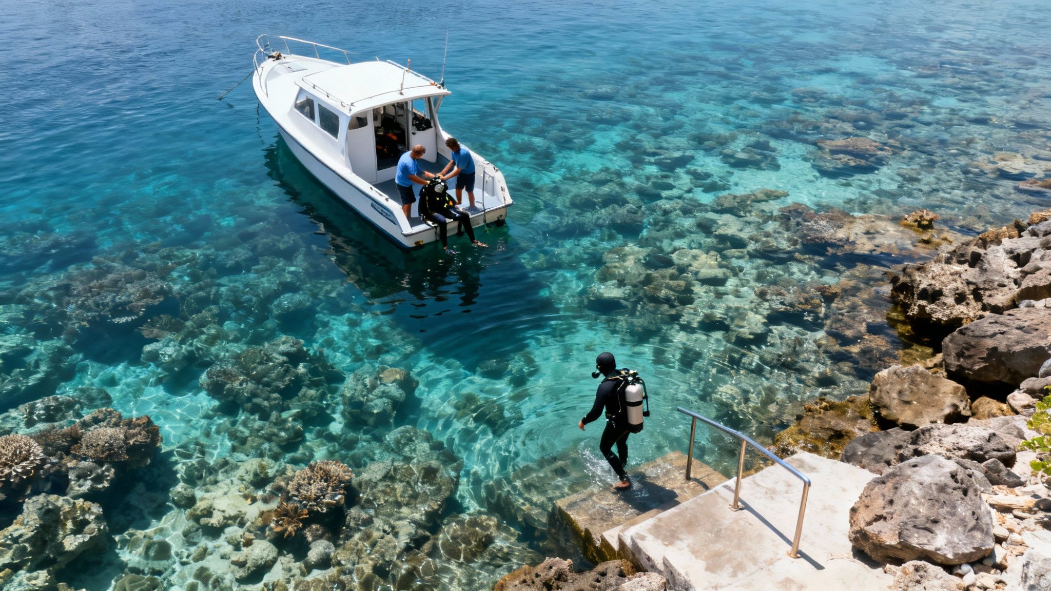 Divers prepare for a dive from a boat and steps in crystal clear water over coral reefs.