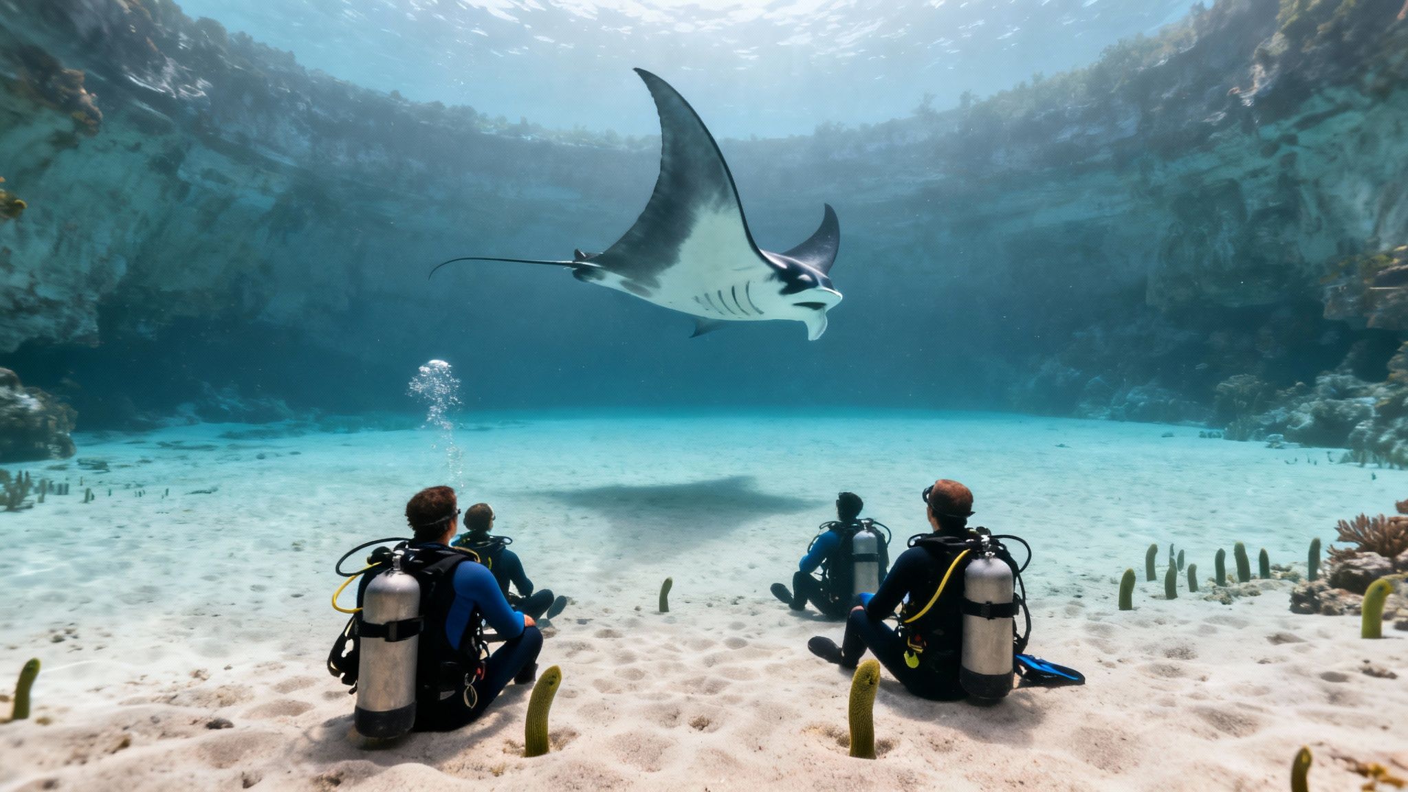 Scuba divers watching majestic manta ray gliding over sandy ocean floor in crystal clear tropical waters