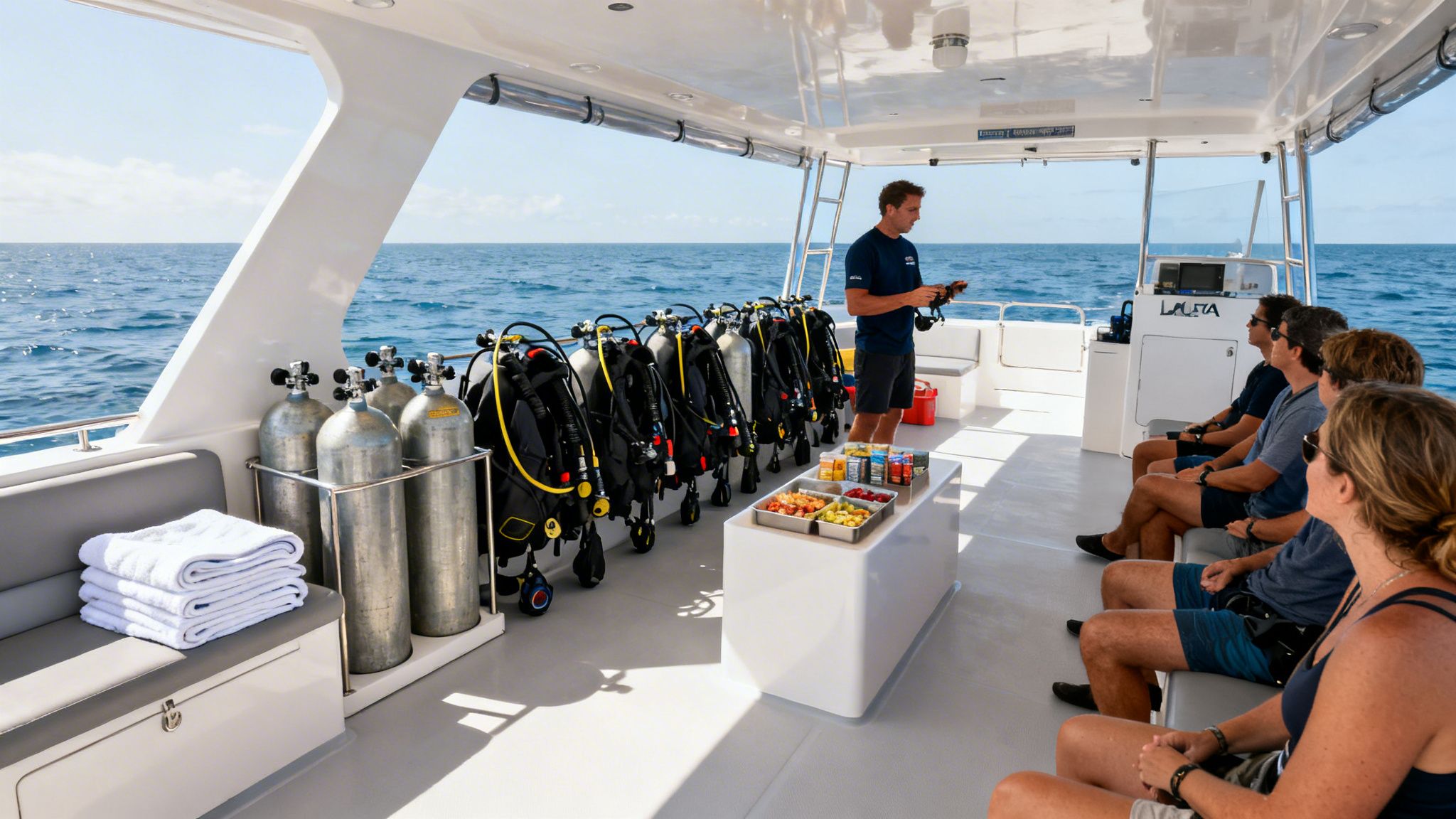 A dive instructor explains equipment to divers on a boat with scuba gear and snacks.