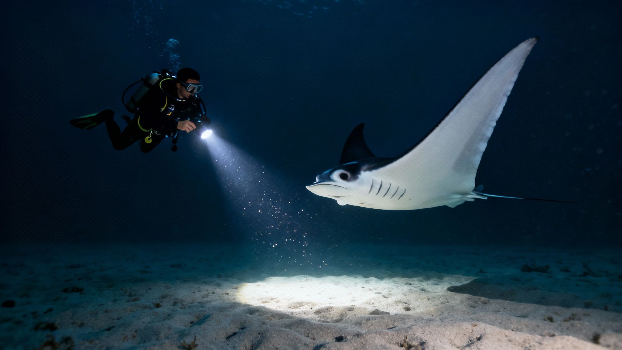 A scuba diver shines a flashlight on a majestic manta ray swimming over the sandy ocean floor.