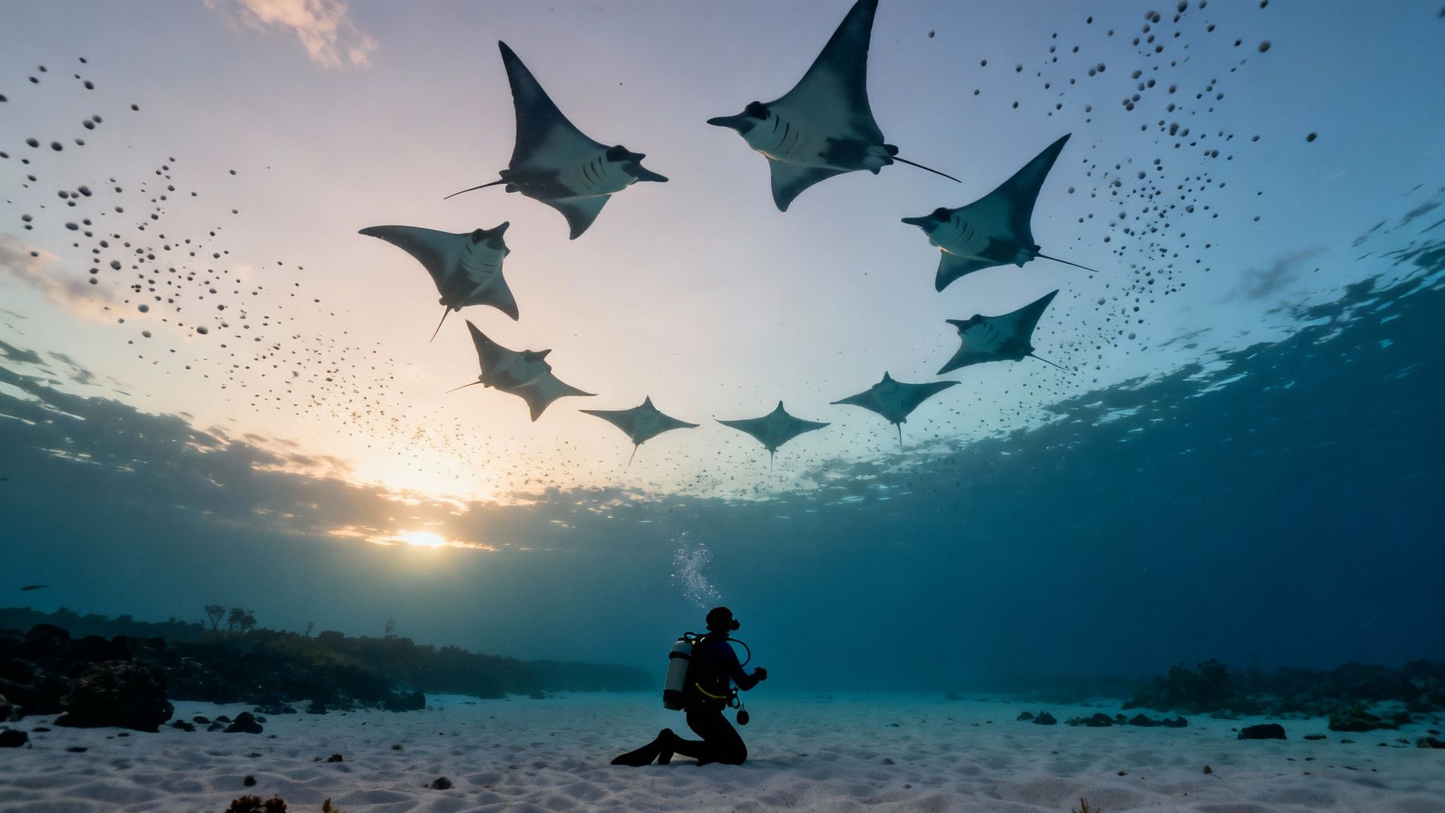 Graceful manta ray swimming in the dark waters of Kona at night.