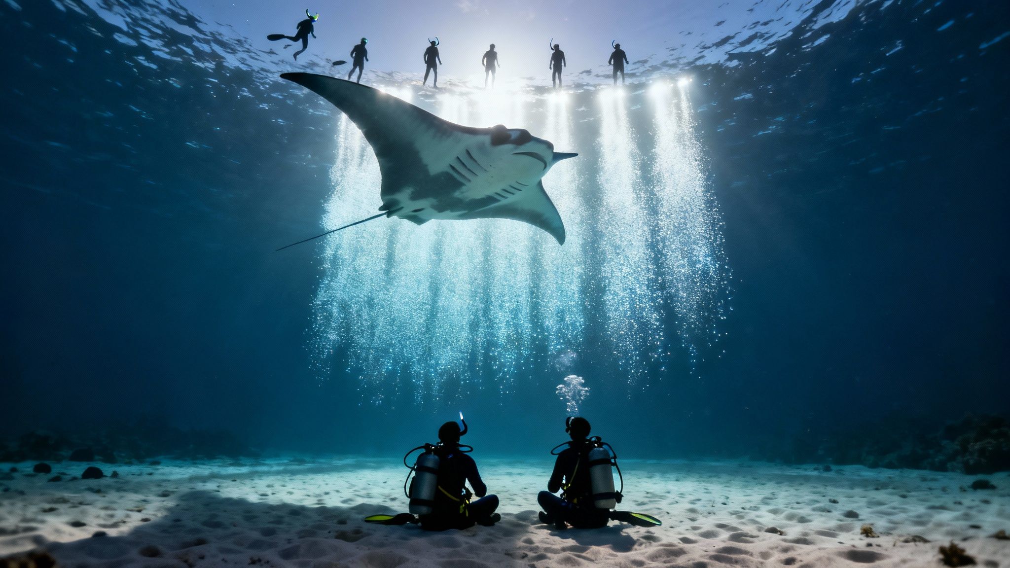 Divers watching a giant manta ray swim overhead at night in Kona, Hawaii.
