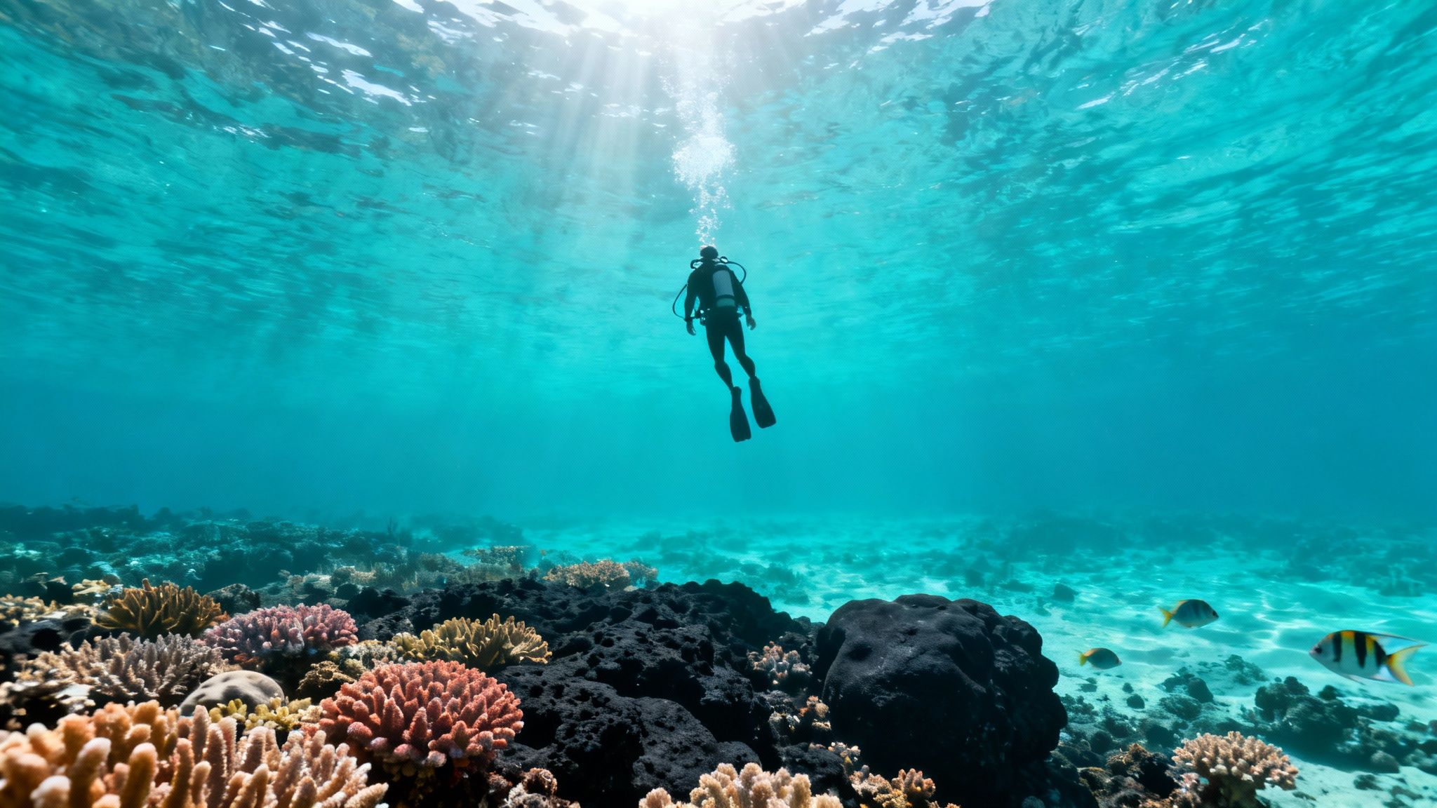 A scuba diver ascends towards the surface, with sun rays illuminating a vibrant coral reef.