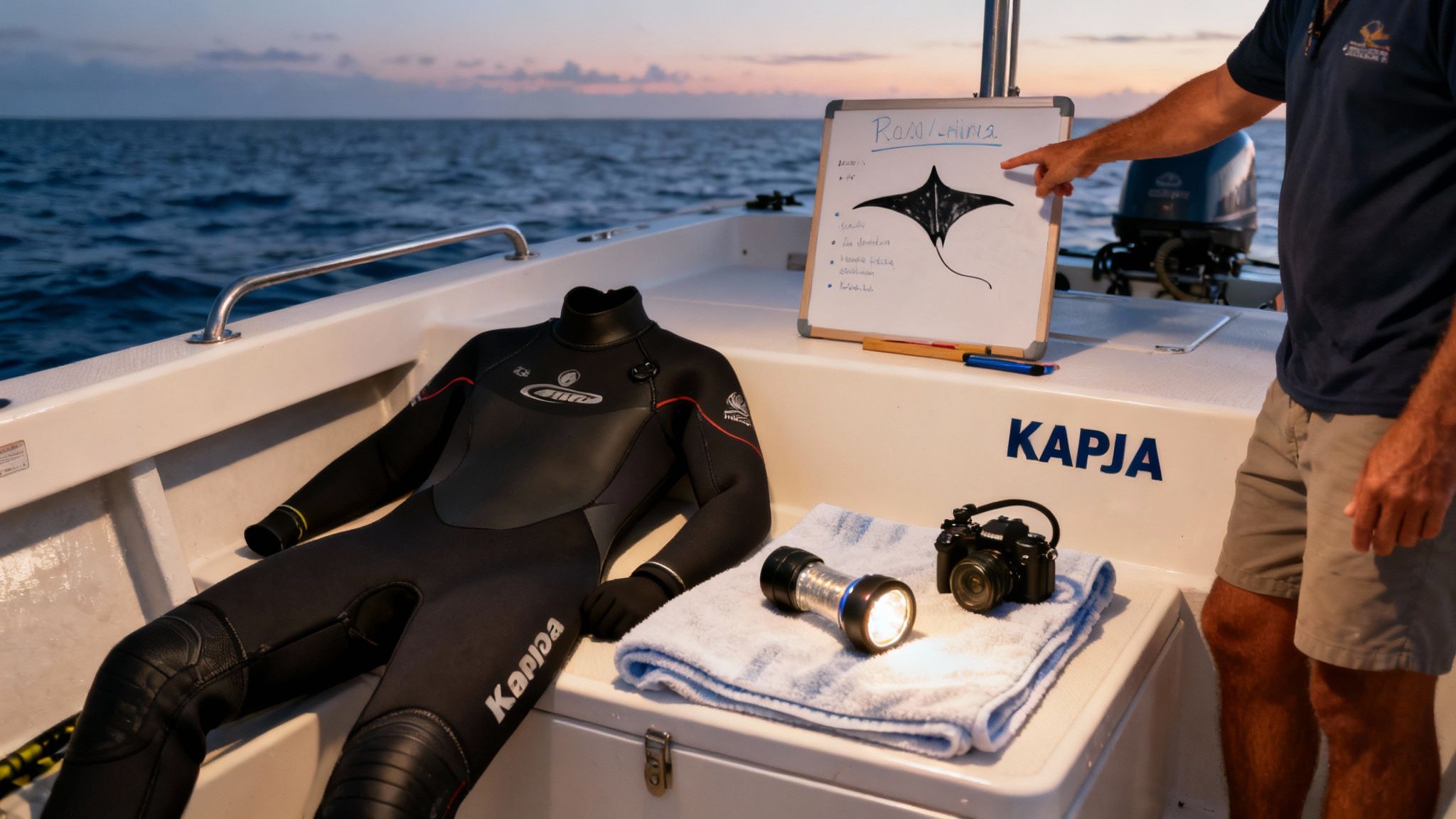 A scuba diver captures a close-up photo of a manta ray during a night dive.