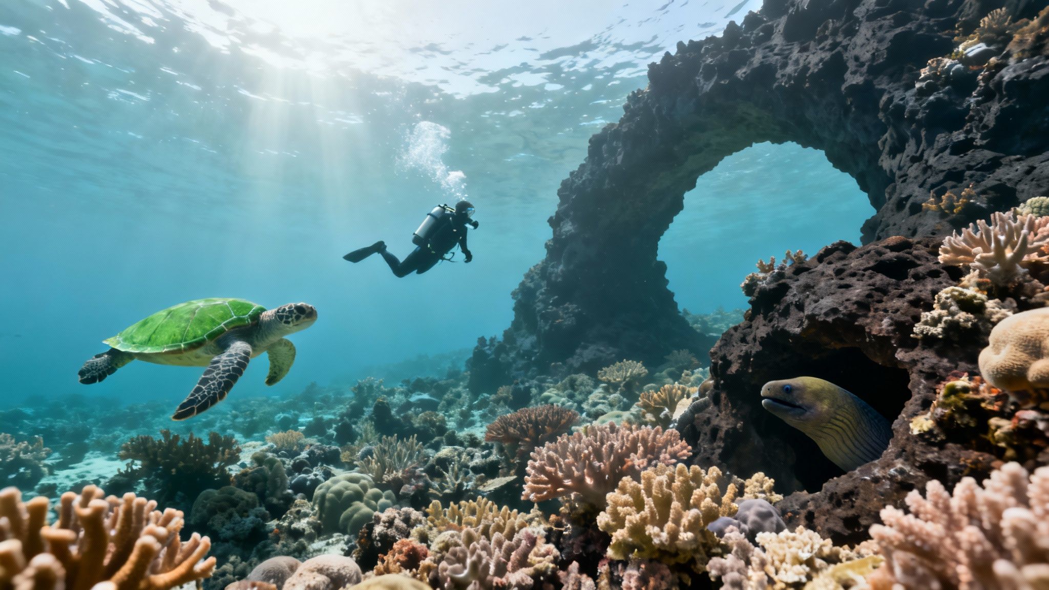 A scuba diver explores a vibrant coral reef on the Big Island.