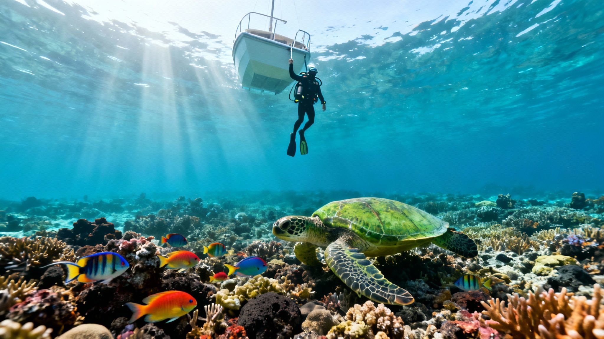 A scuba diver holds onto a boat above a vibrant coral reef with a sea turtle and colorful fish.