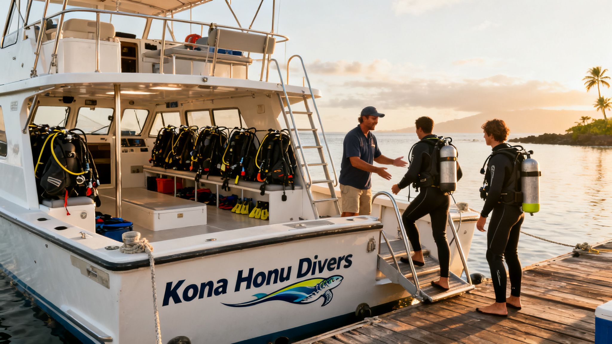 A diving instructor greets two divers with gear boarding a scuba boat in Hawaii at sunset.