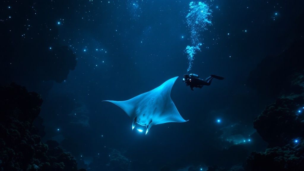 A scuba diver swims over a reef with a turtle on the Big Island.